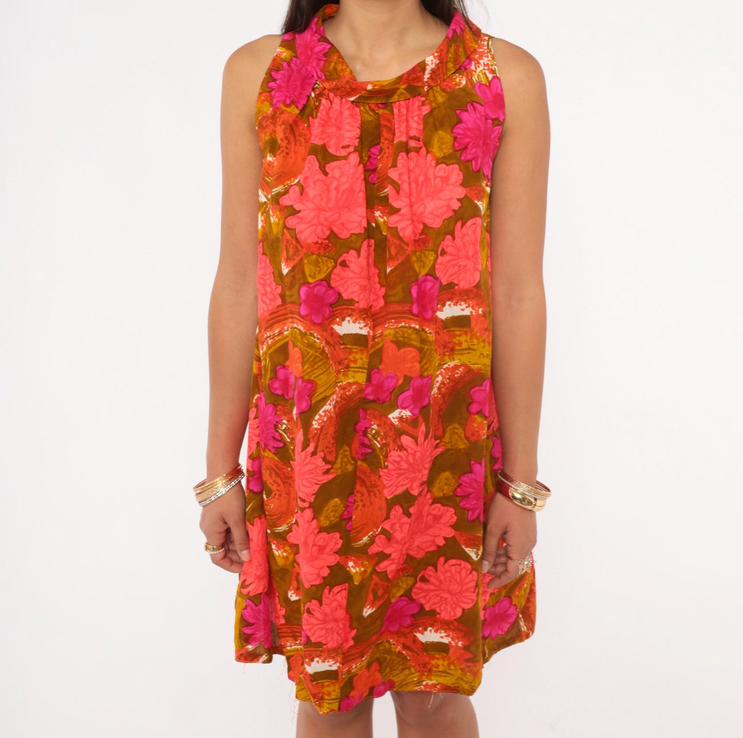 70s Psychedelic Floral Shift Dress Pink Magenta Cowl Neck Mini Cotton Small