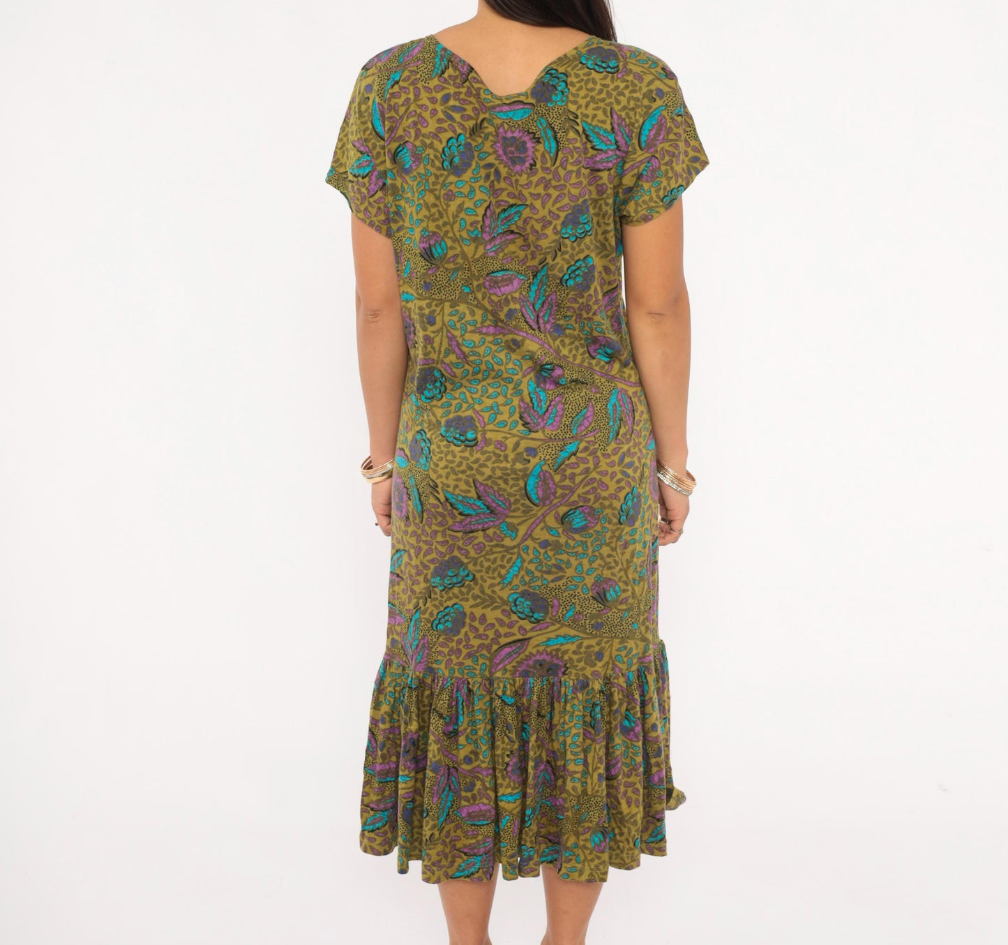 2000s Nina Hazan Olive Floral Midi Dress V-Neck Ruffle Hem Small