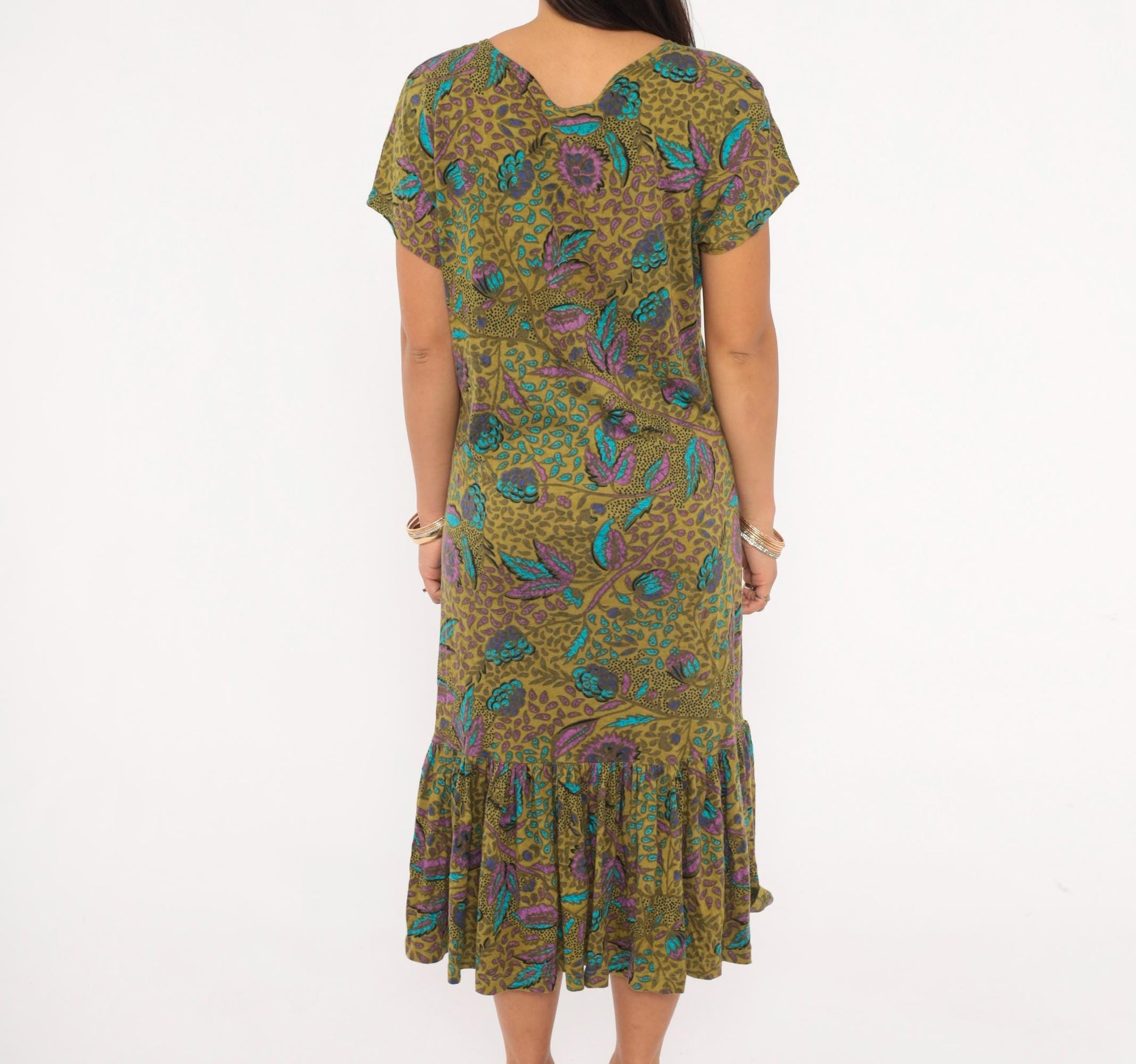 2000s Nina Hazan Olive Floral Midi Dress V-Neck Ruffle Hem Small