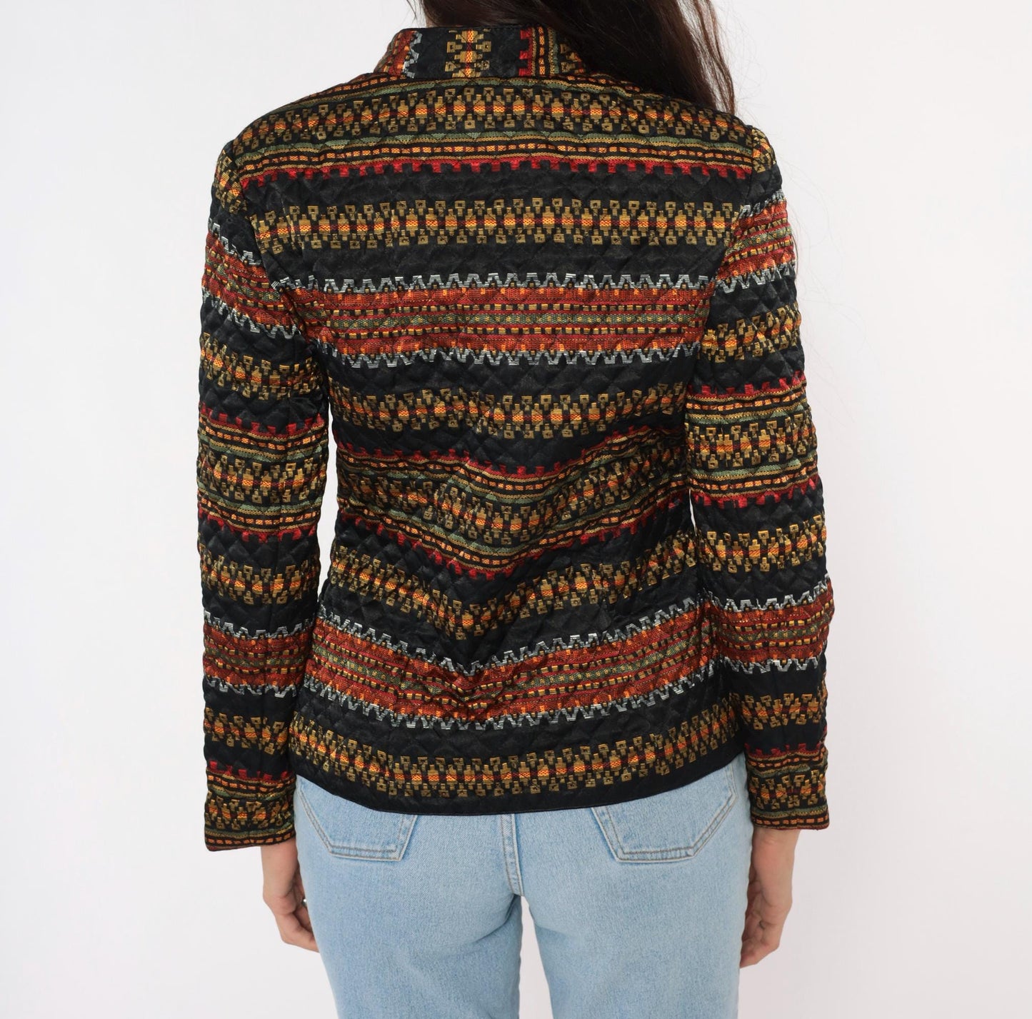 90s Juno Esque Quilted Jacket Mandarin Collar Tribal Stripe Black Gold Red Small