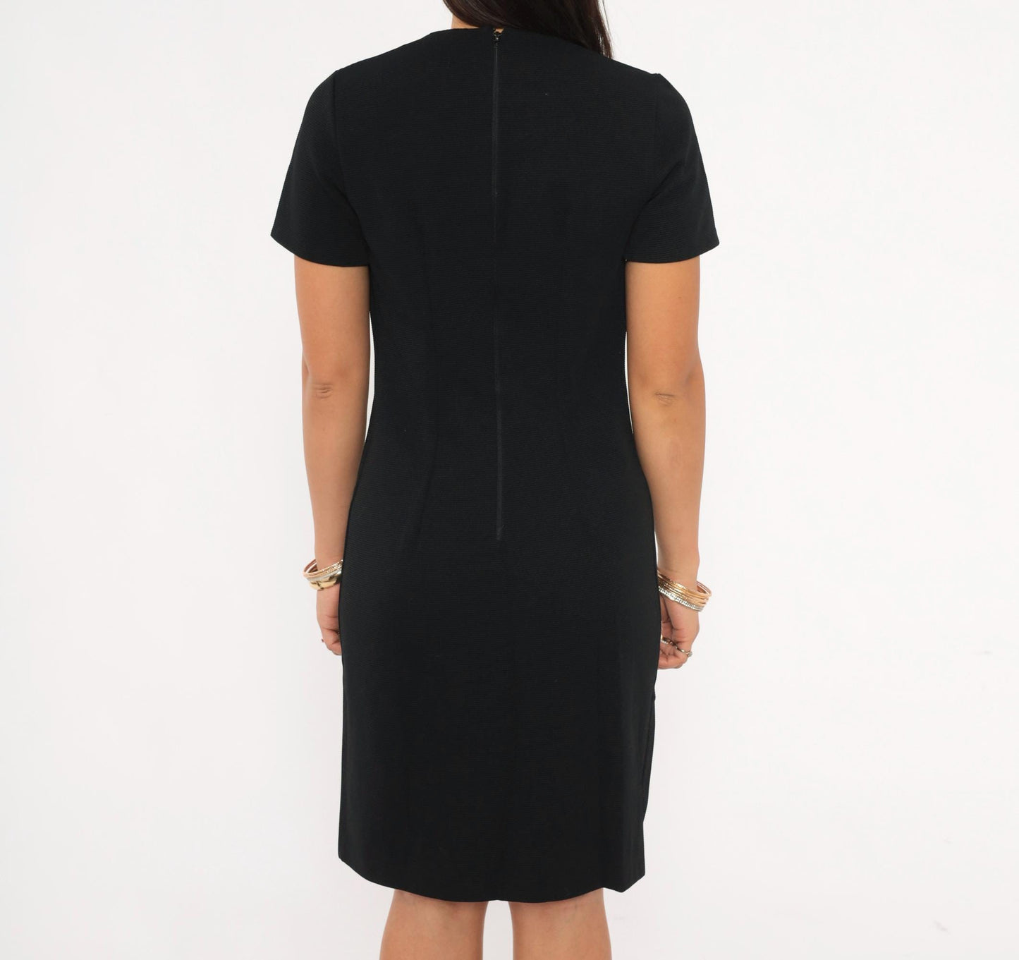 70s Black Shift Dress Crew Neck Short Sleeve Knee Length Small