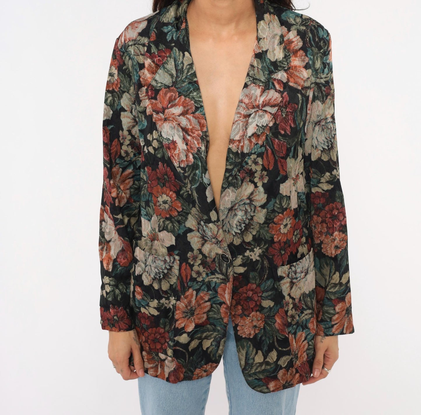 90s Laura Tyler Floral Blazer Black Botanical Jacquard Medium M