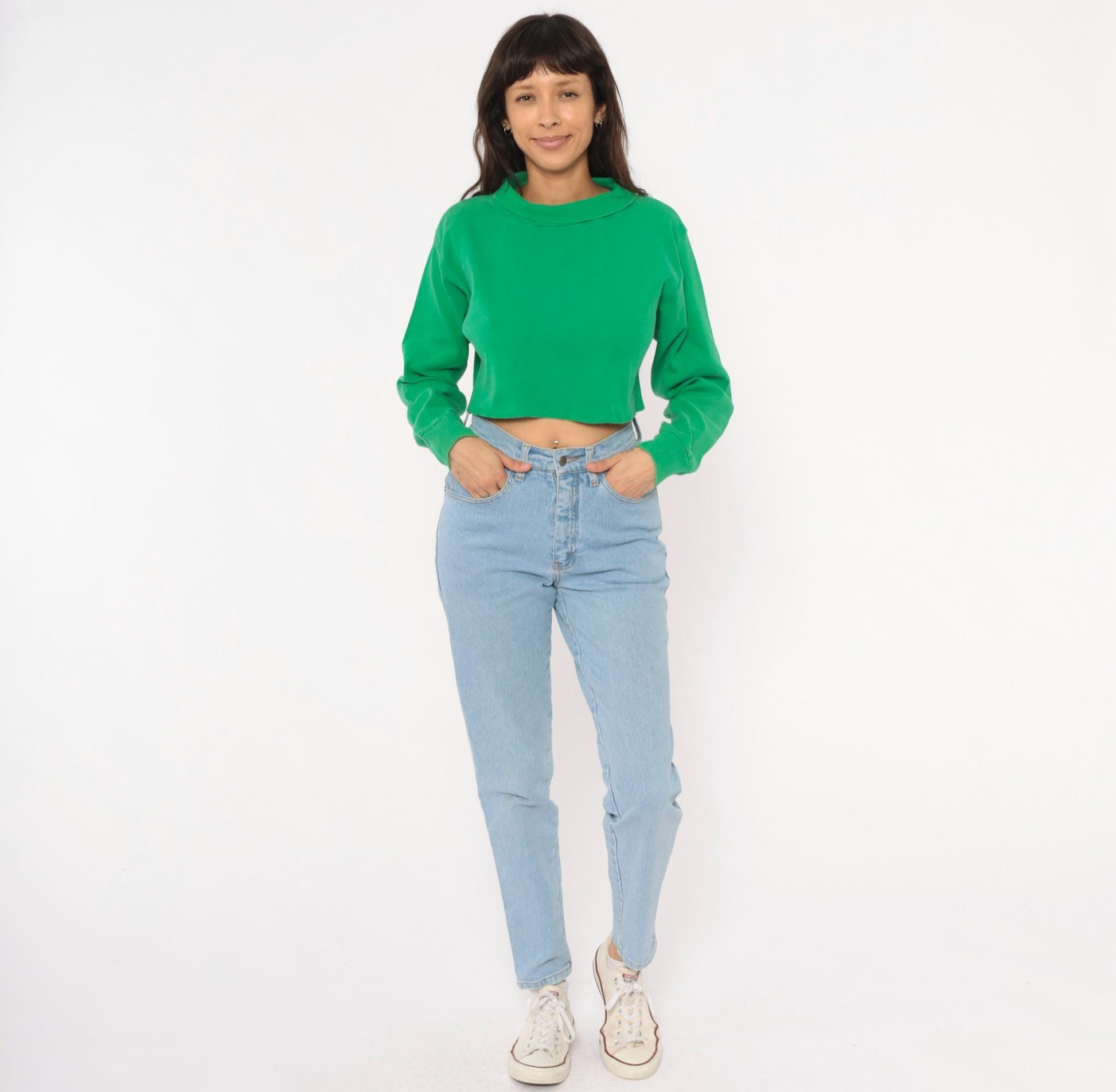 70s Flight Deck Crew Cropped Sweatshirt Kelly Green Cotton Pullover Medium