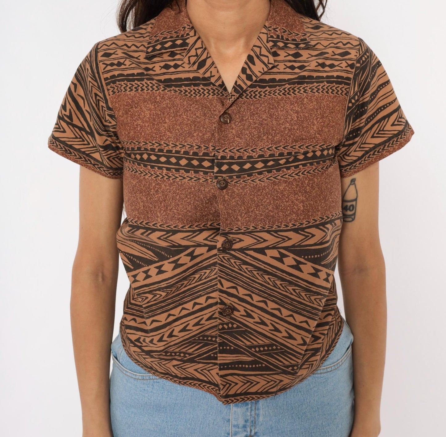 90s Tribal Print Button Camp Collar Shirt Brown Black Geometric XXS