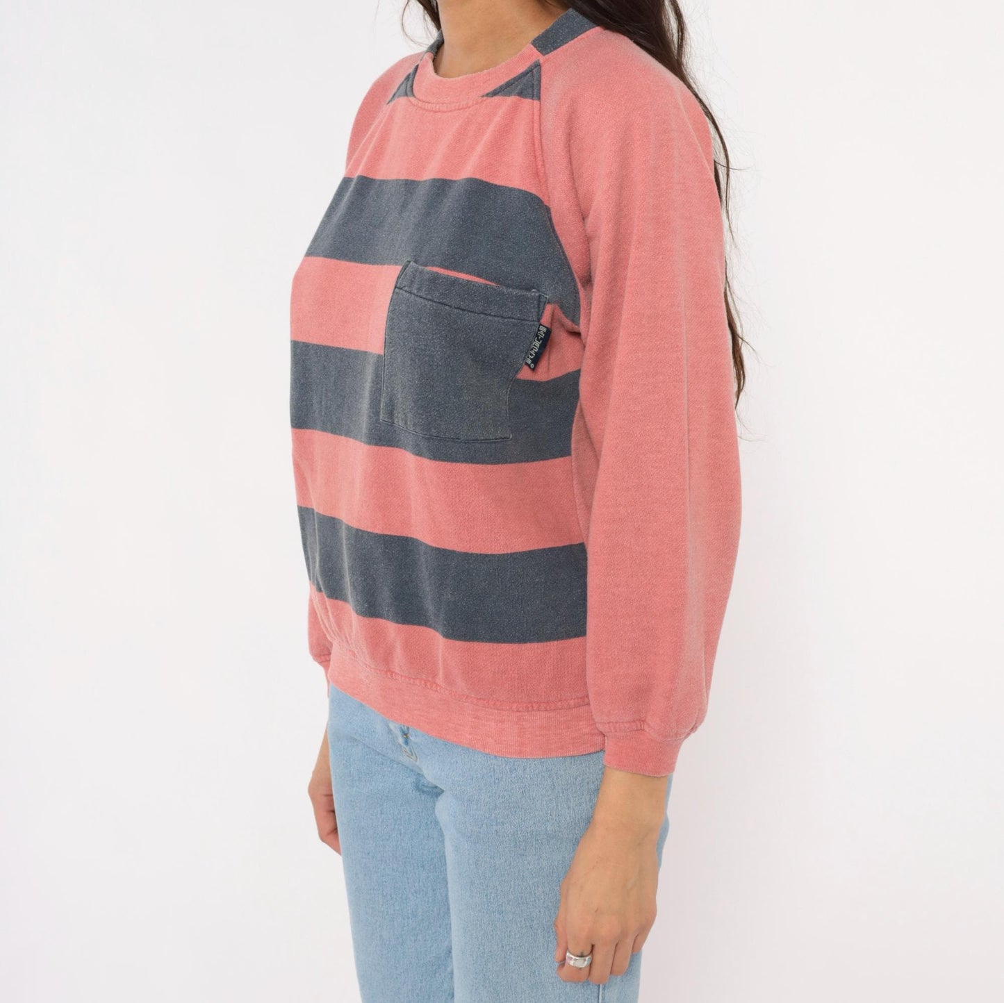 90s Saturdays Pink Navy Striped Rugby Sweatshirt Raglan Sleeve Medium