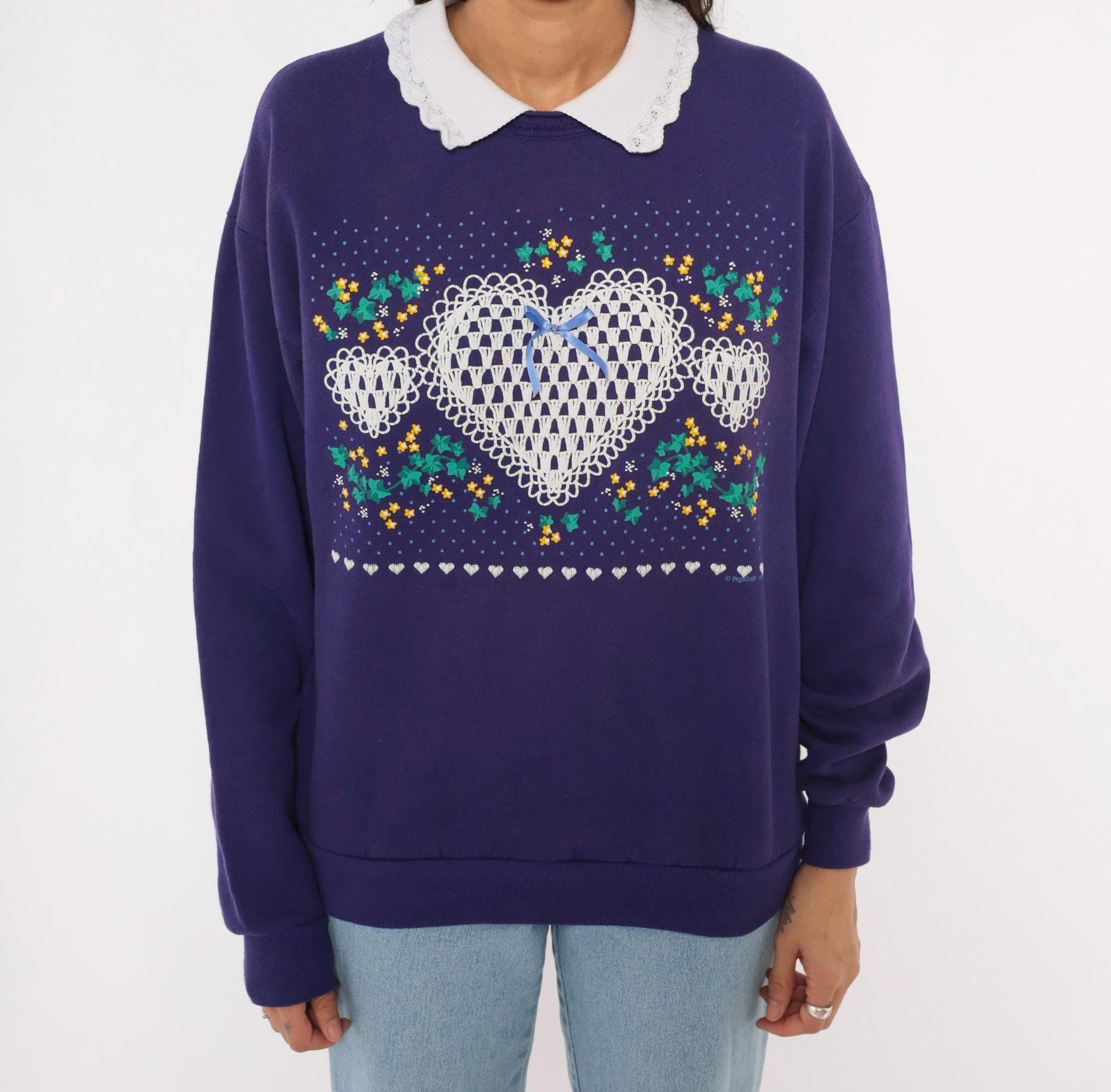 90s PegiGoff Purple Sweatshirt Peter Pan Collar Lace Heart Floral Medium M
