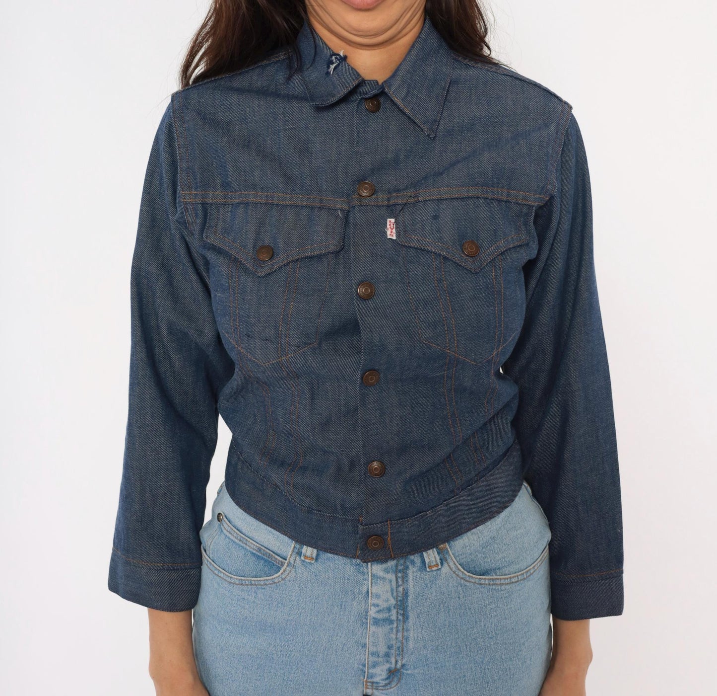 80s Levi's Denim Trucker Jacket Dark Indigo Snap Button Cropped Extra Small XS
