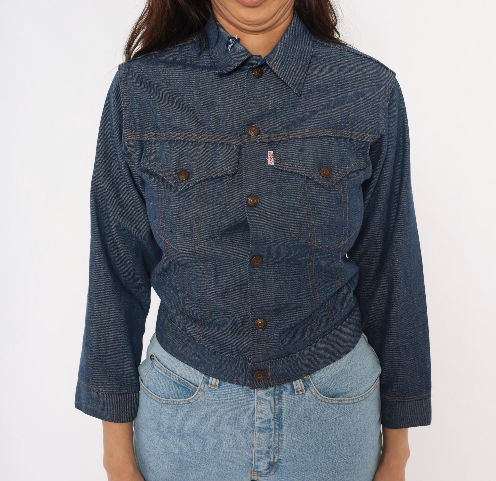 80s Levi's Denim Trucker Jacket Dark Indigo Snap Button Cropped Extra Small XS