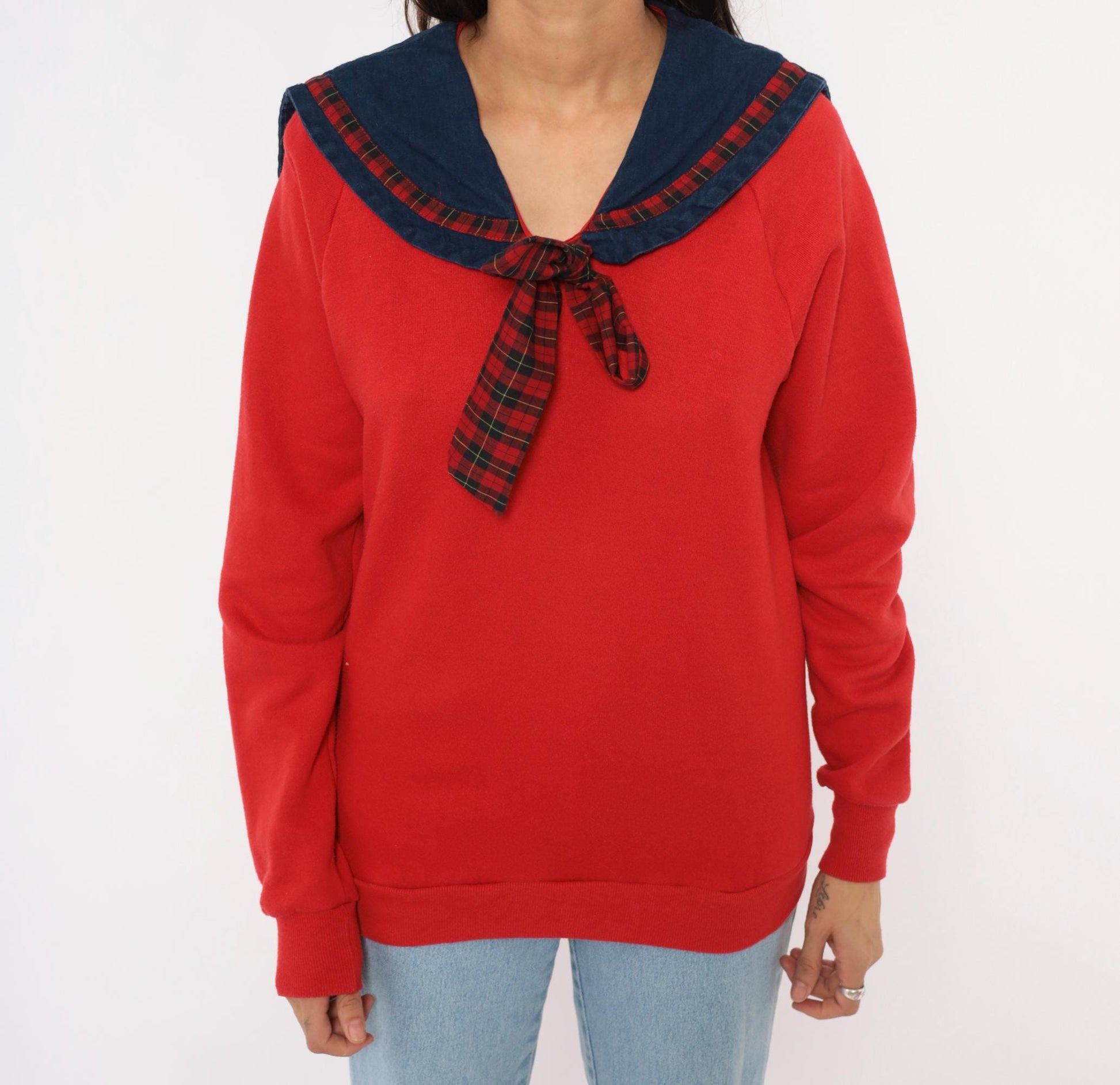 90s Jerzees Sailor Collar Sweatshirt Red Plaid Bow Denim Bib Medium M