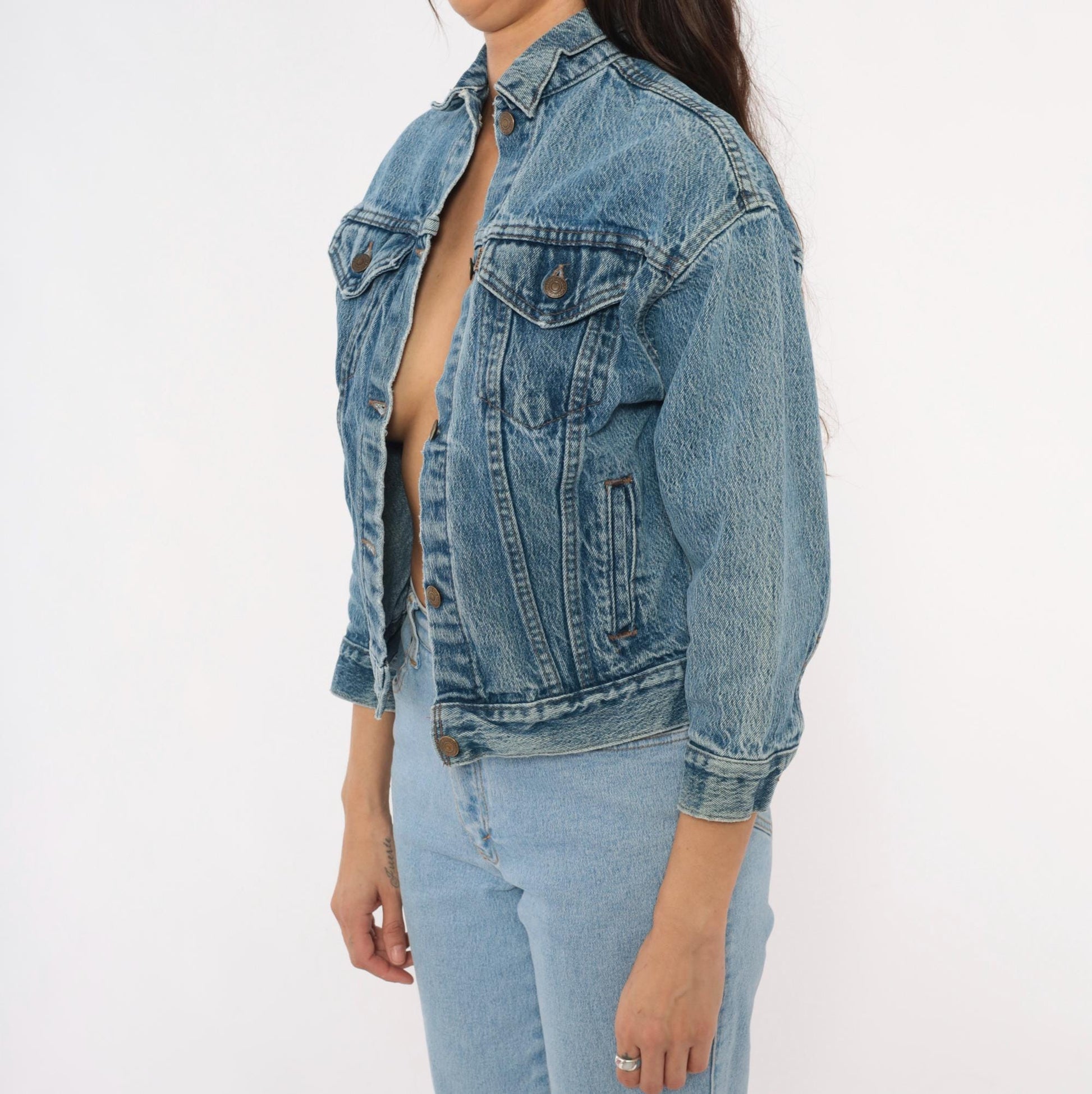 80s Levi's Denim Trucker Jacket Stonewash Blue Cropped Extra Small XS