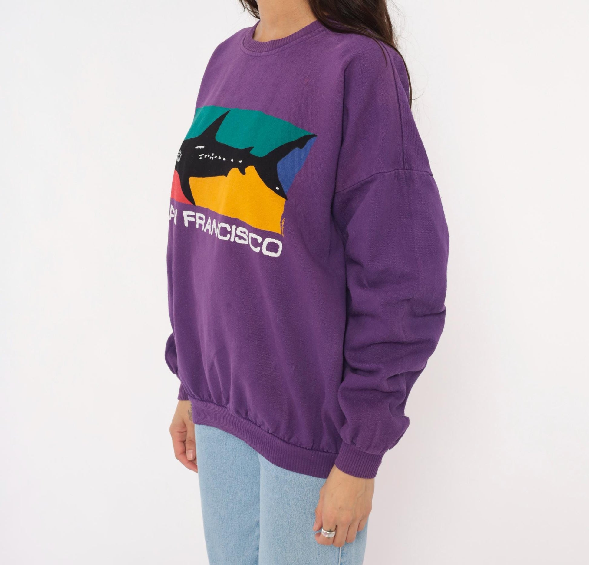 90s Crazy Shirt San Francisco Shark Colorblock Sweatshirt Purple Medium