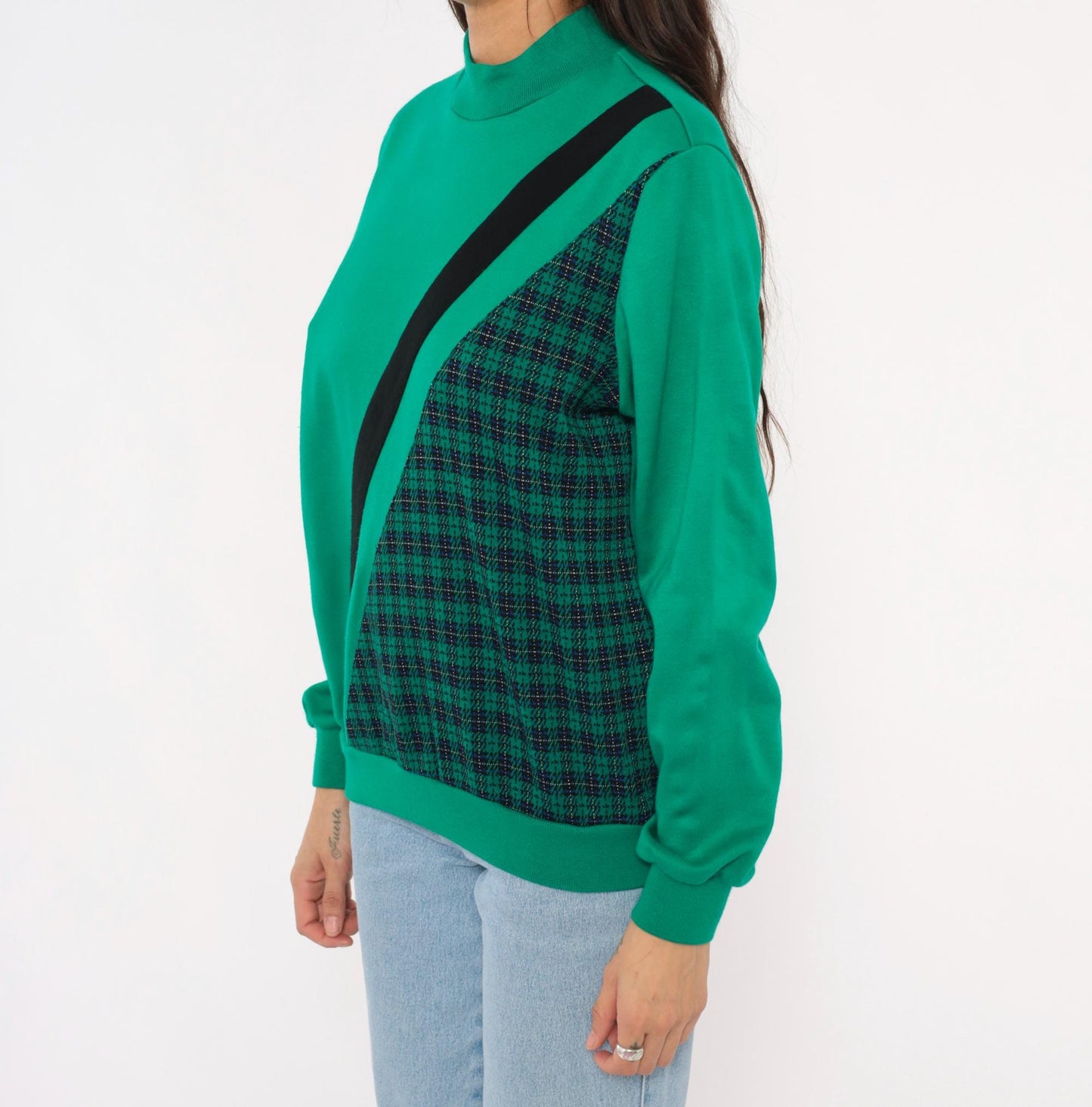 80s Alfred Dunner Mock Neck Sweatshirt Green Houndstooth Plaid Panel Small