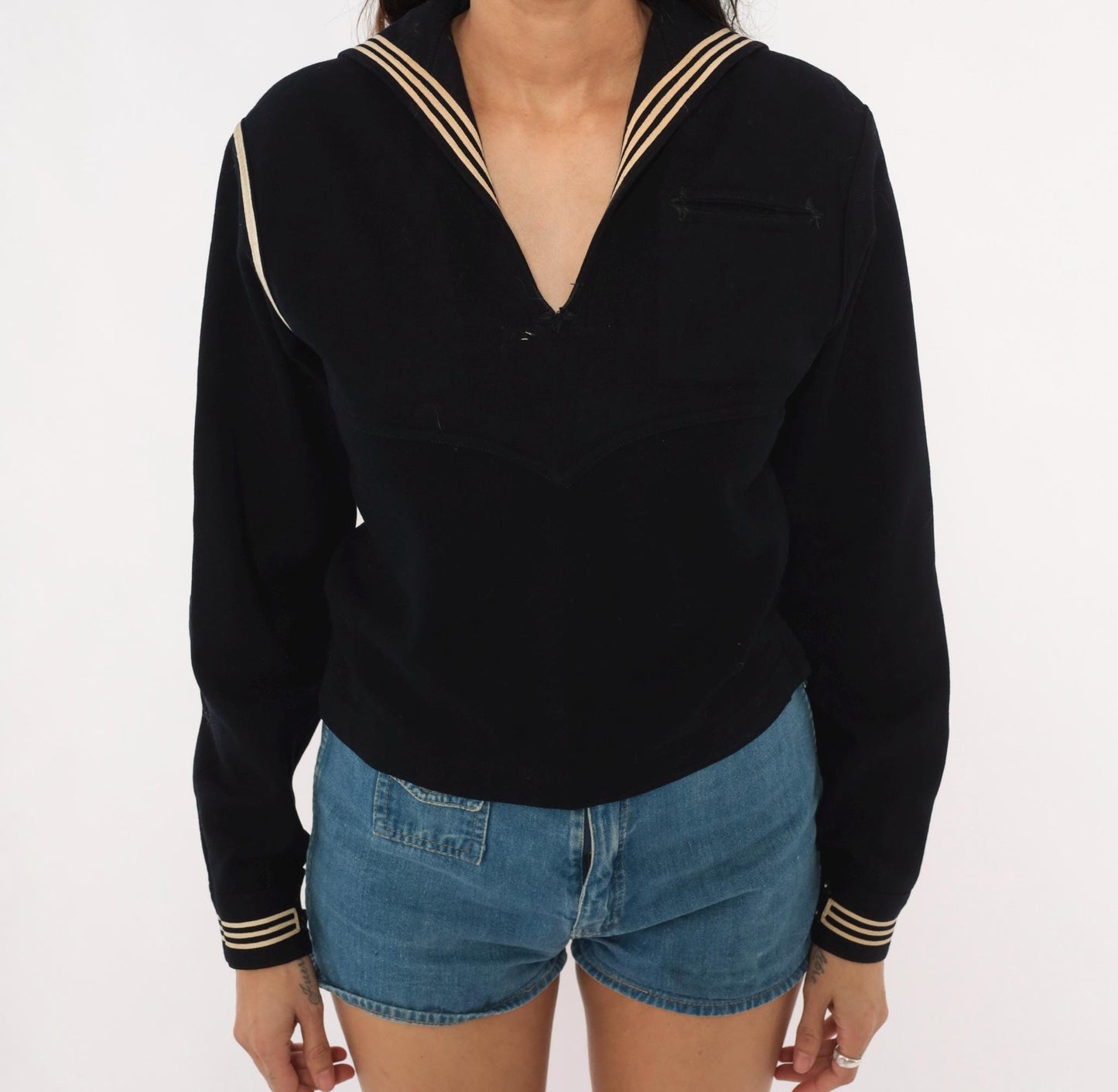 1940s Navy Wool Sailor Middy Blouse Embroidered Stars Small