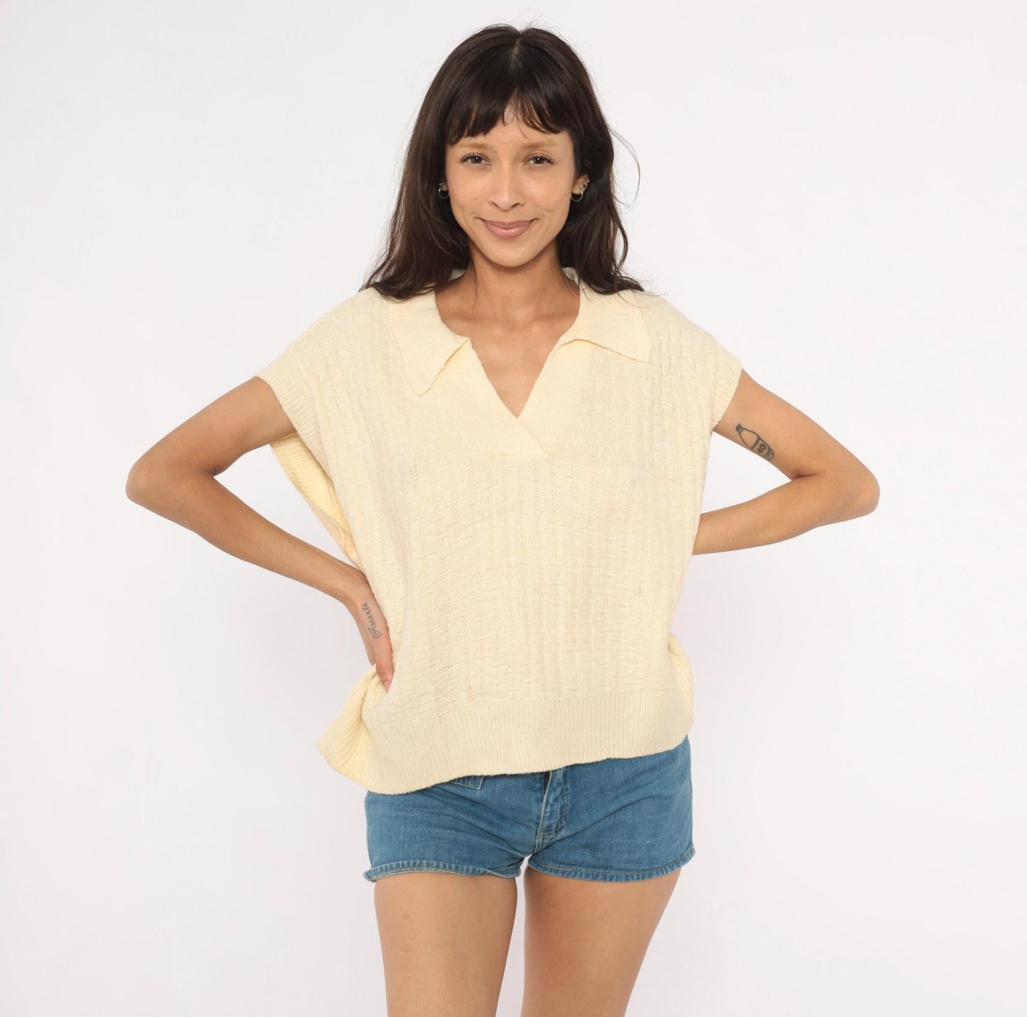 70s Cream Knit Polo Sweater Cap Sleeve V-Neck Collared Pullover Extra Large XL