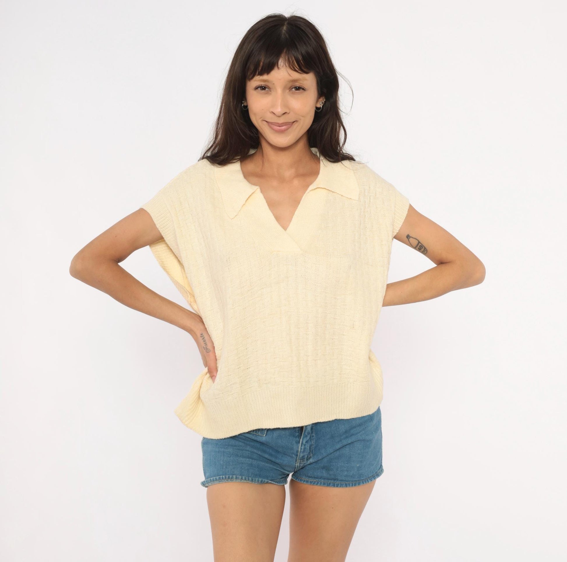 70s Cream Knit Polo Sweater Cap Sleeve V-Neck Collared Pullover Extra Large XL