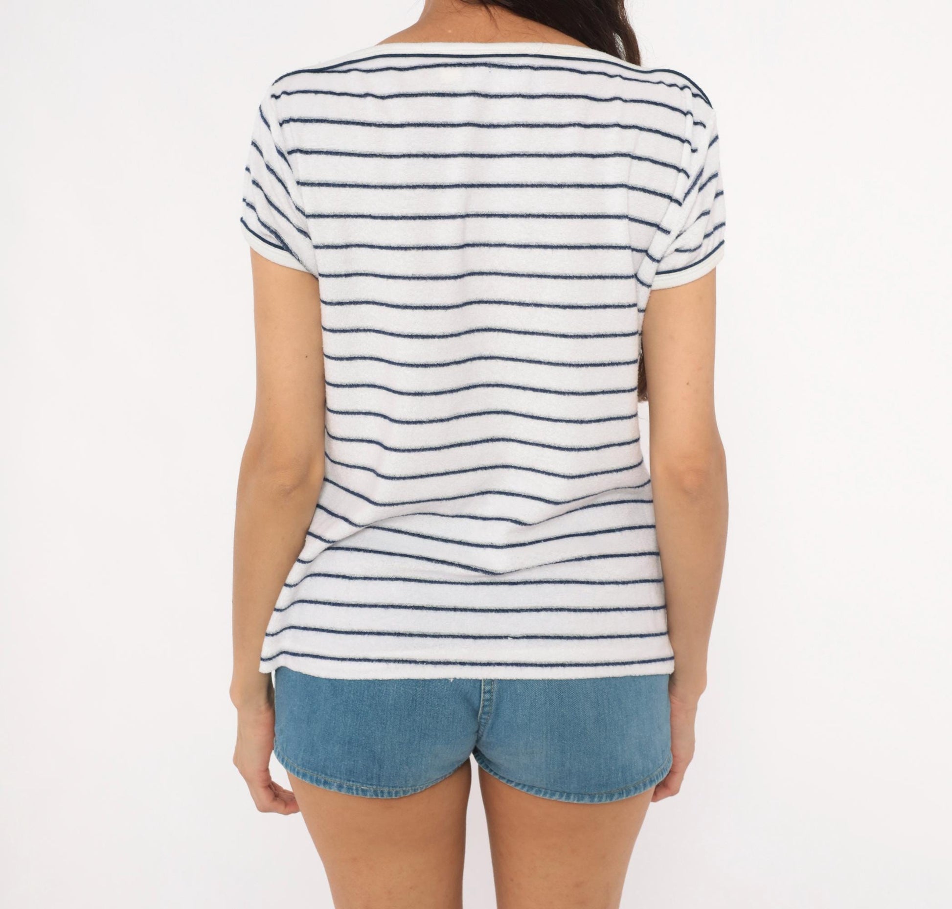 80s Catch One Striped Boat Neck Top White Navy Breton Knit Large L