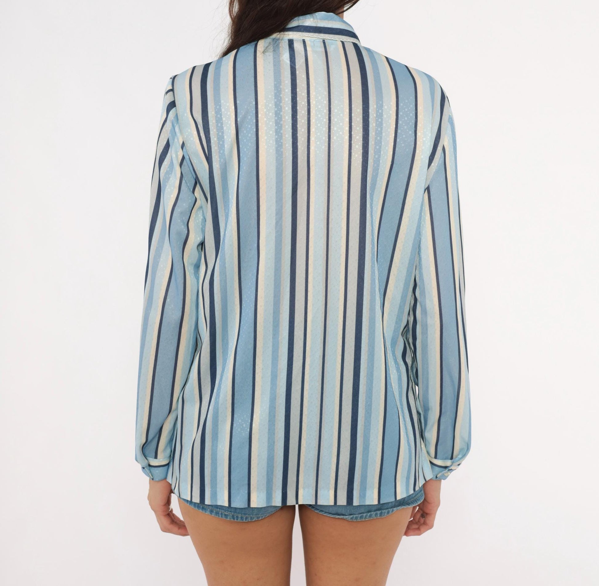 70s Queen Casuals Striped Button Blouse Peter Pan Collar Navy Cream Medium M