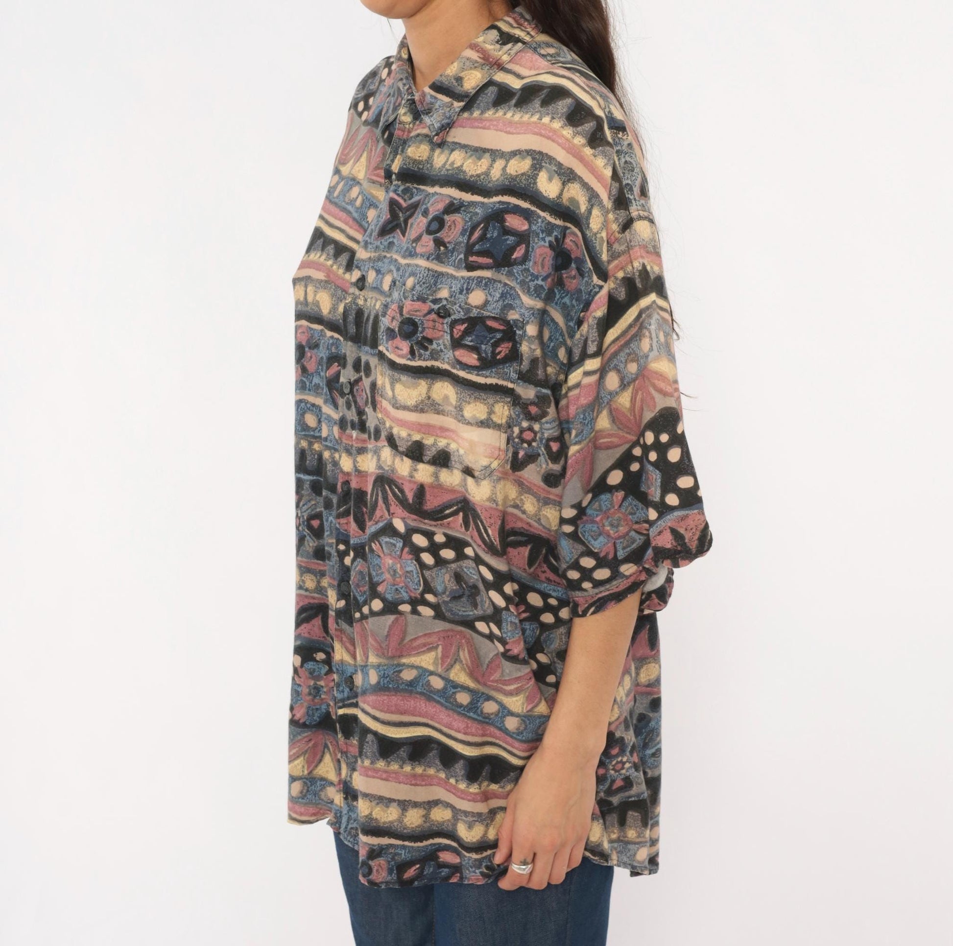 90s Hey Man Style Tribal Abstract Shirt Rayon Boxy Large L
