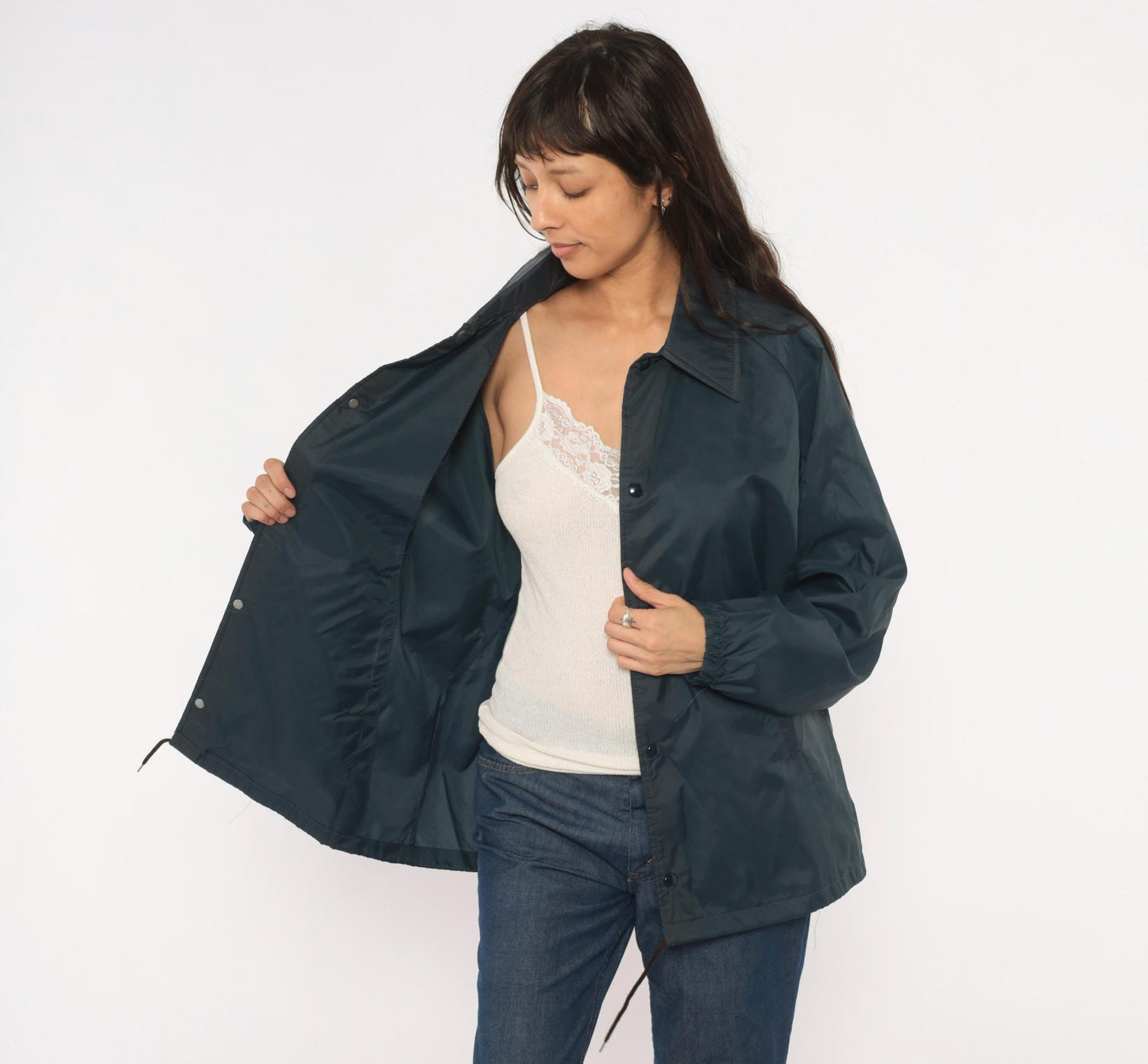 80s David Peyser Navy Coach Jacket Snap Front Windbreaker Nylon Large
