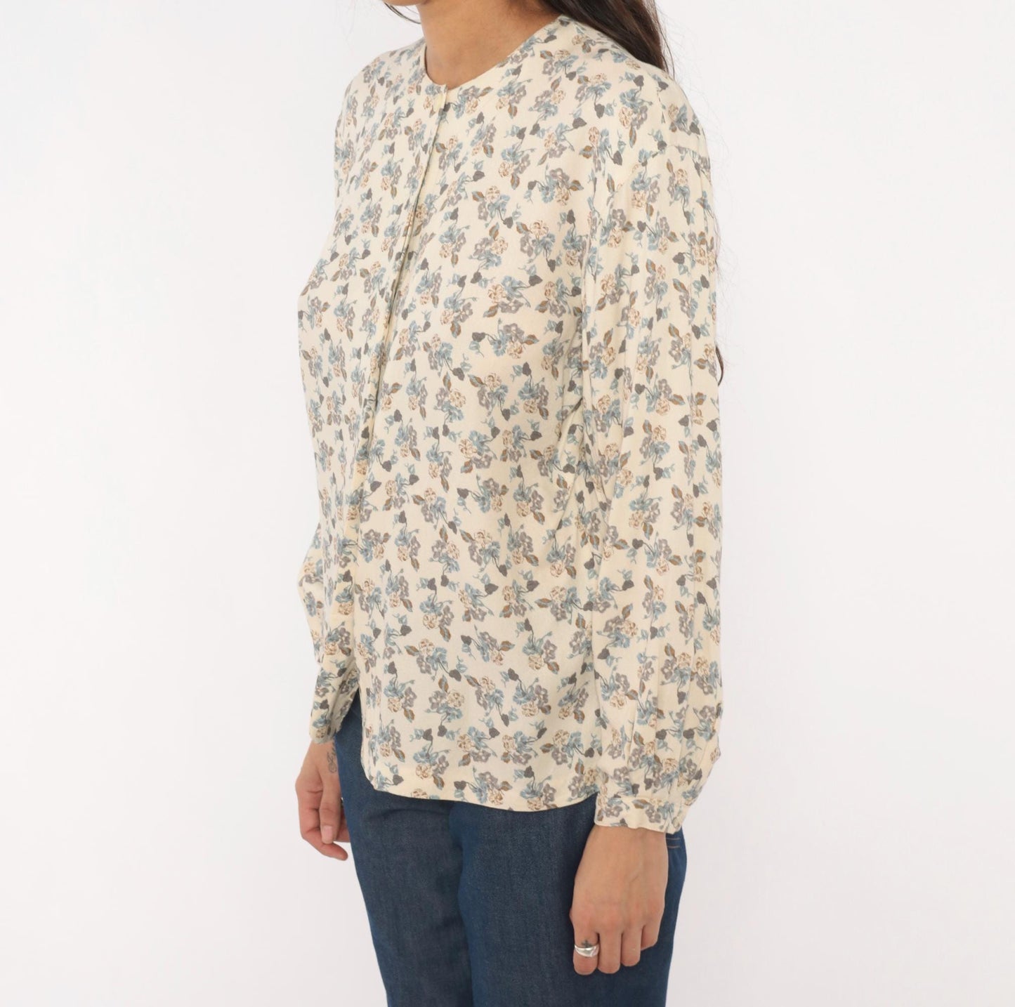 90s Josephine Chaus Floral Button Blouse Cream Puff Sleeve Collarless Medium M