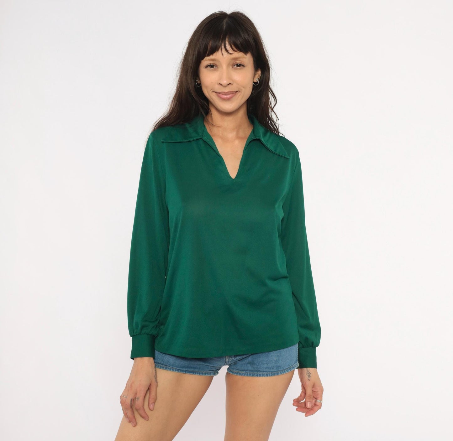 70s Sears Emerald Polo Blouse V-Neck Spread Collar Balloon Sleeve Large