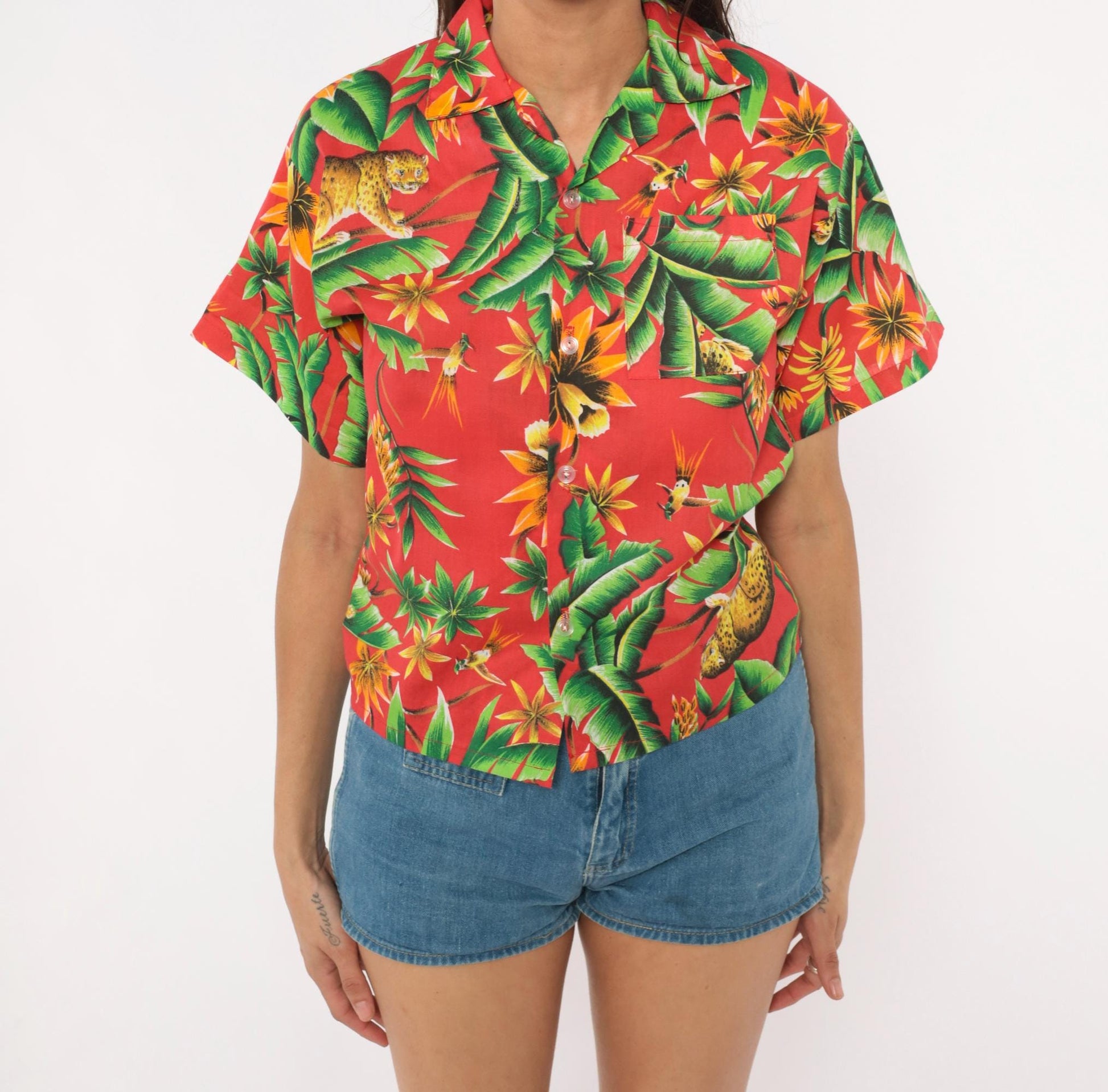 80s Jungle Leopard Hawaiian Shirt Red Tropical Cotton Rayon Camp Collar Extra Small XS