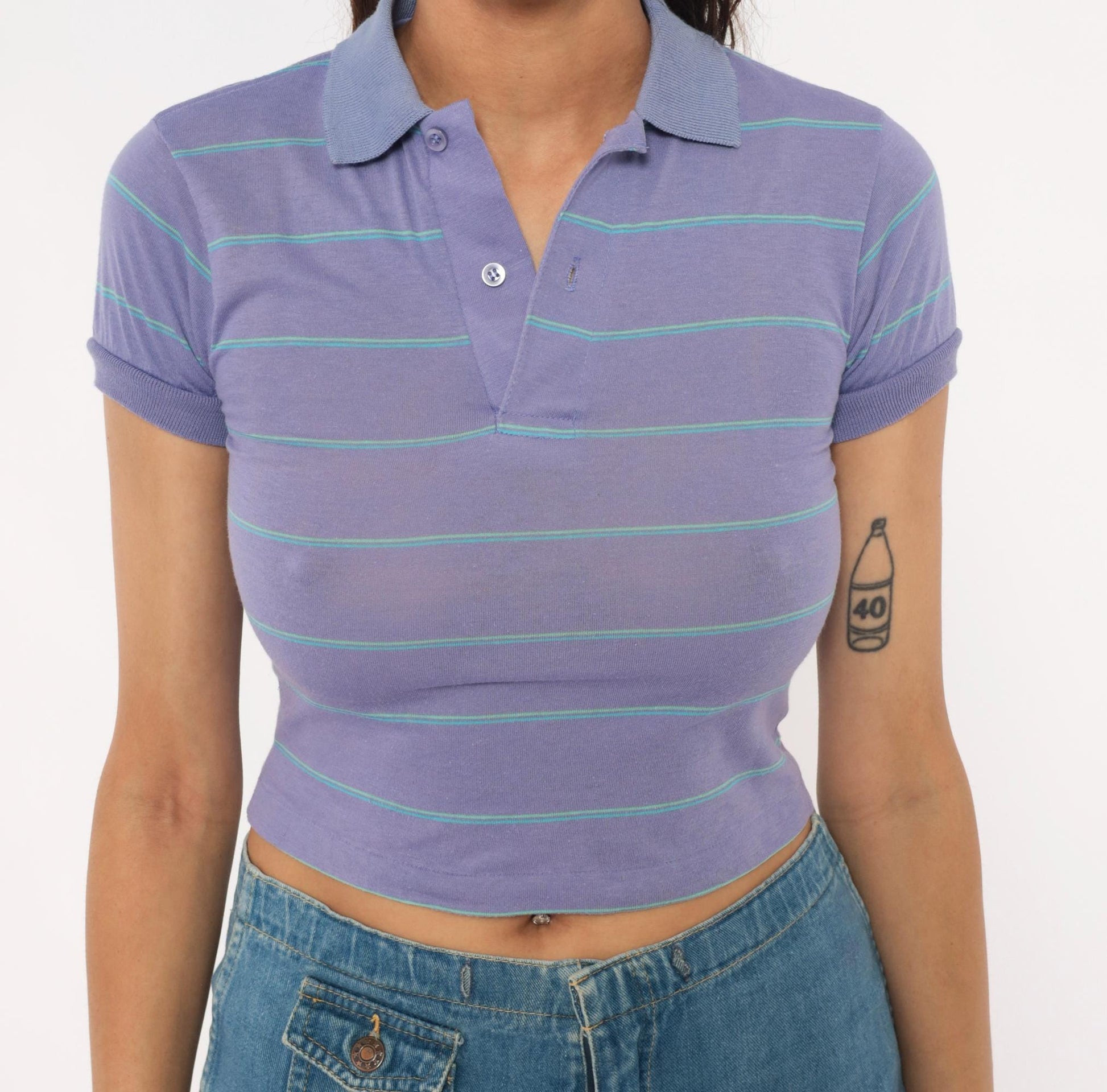 80s Compass Striped Polo Crop Top Lavender Cotton XXS
