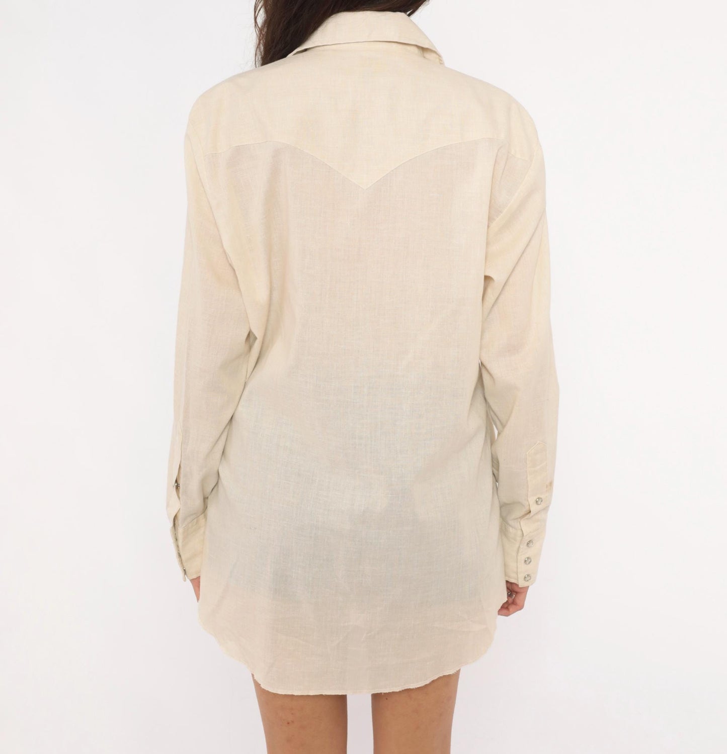 80s Karman Western Shirt Cream Pearl Snap Button Pointed Collar Mens Medium