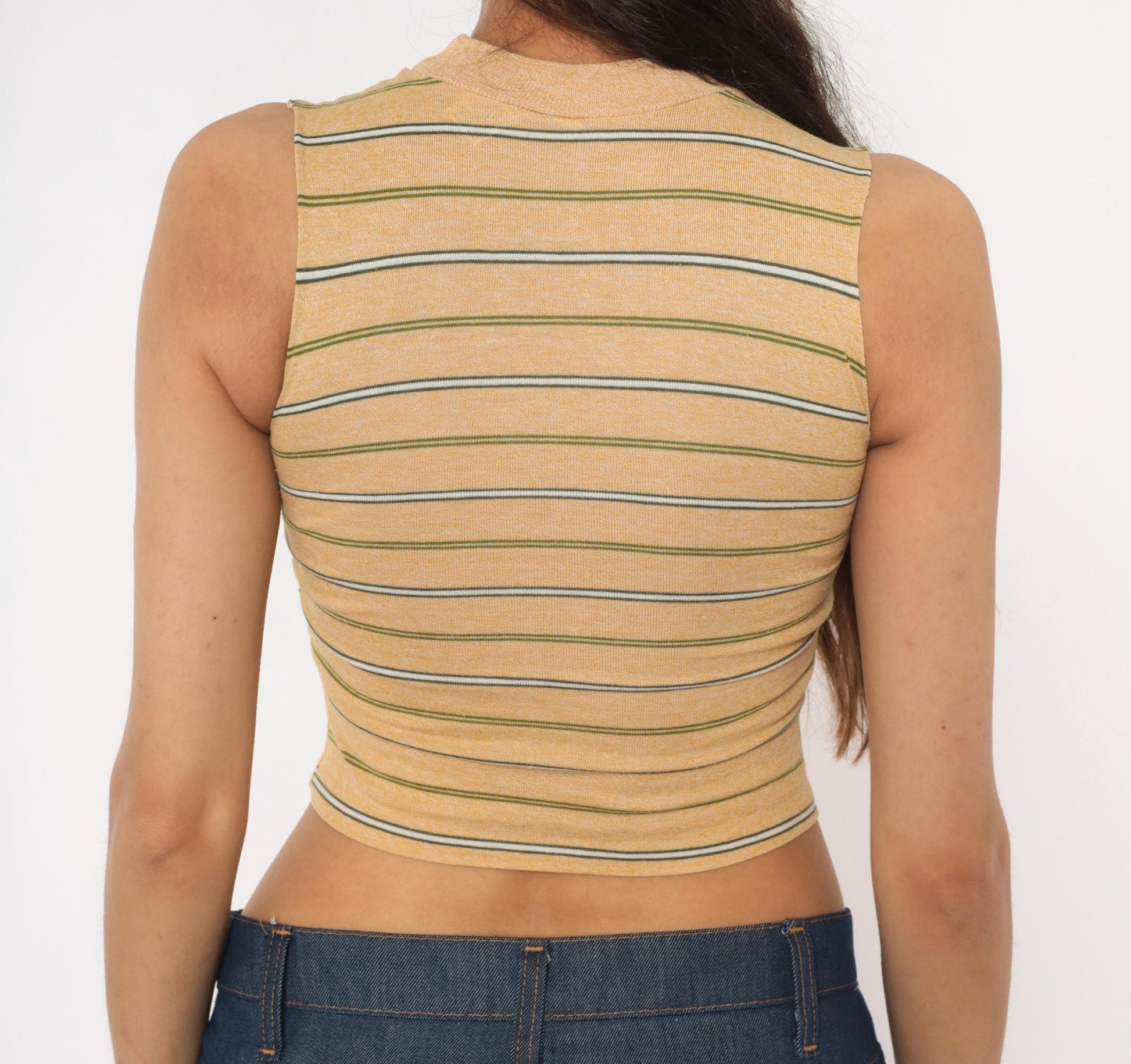 80s Towncraft Striped Mock Neck Crop Tank Tan Olive Extra Extra Small XXS