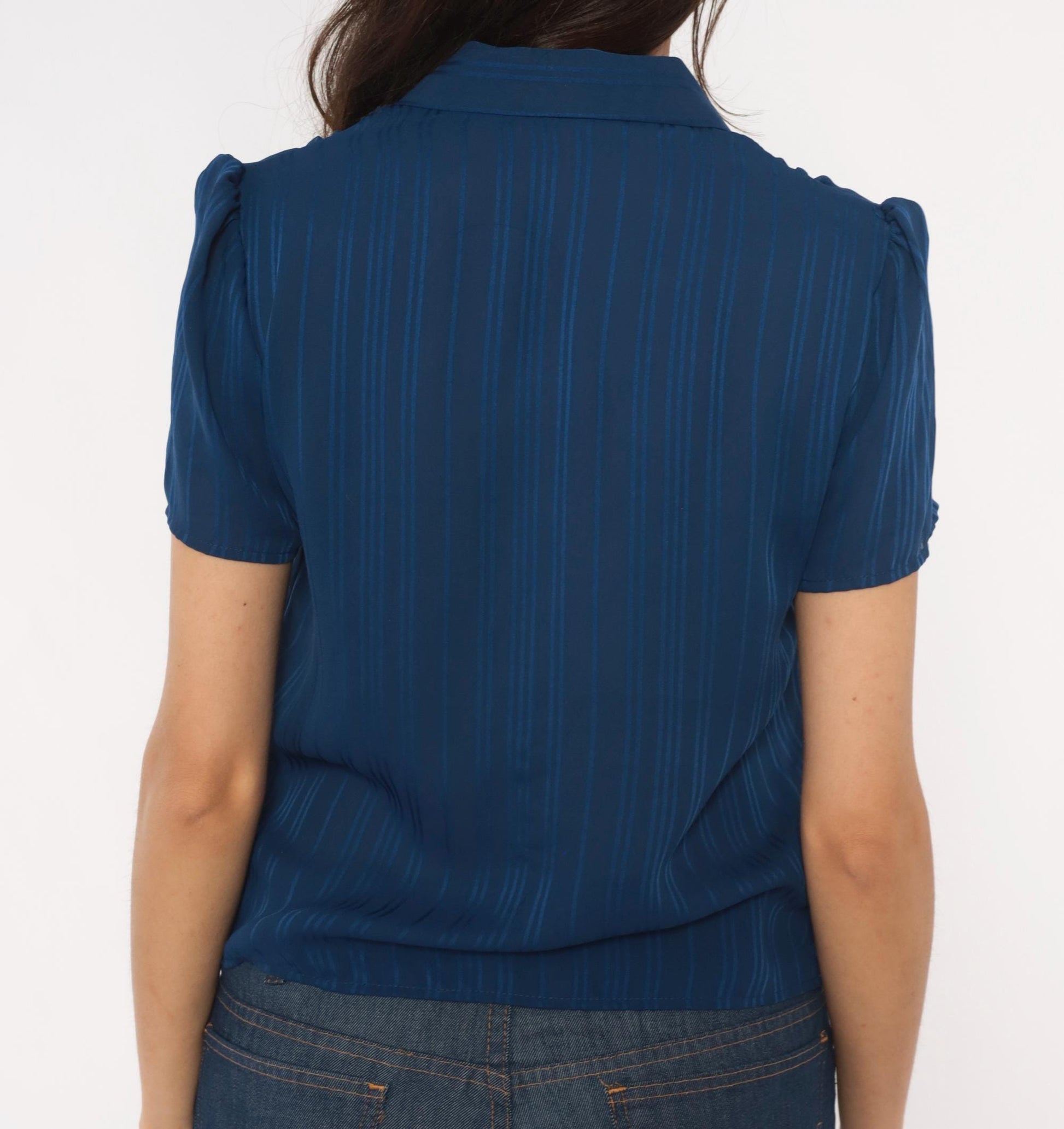 80s Shana Navy Striped Button Blouse Puff Shoulder V Neck Small