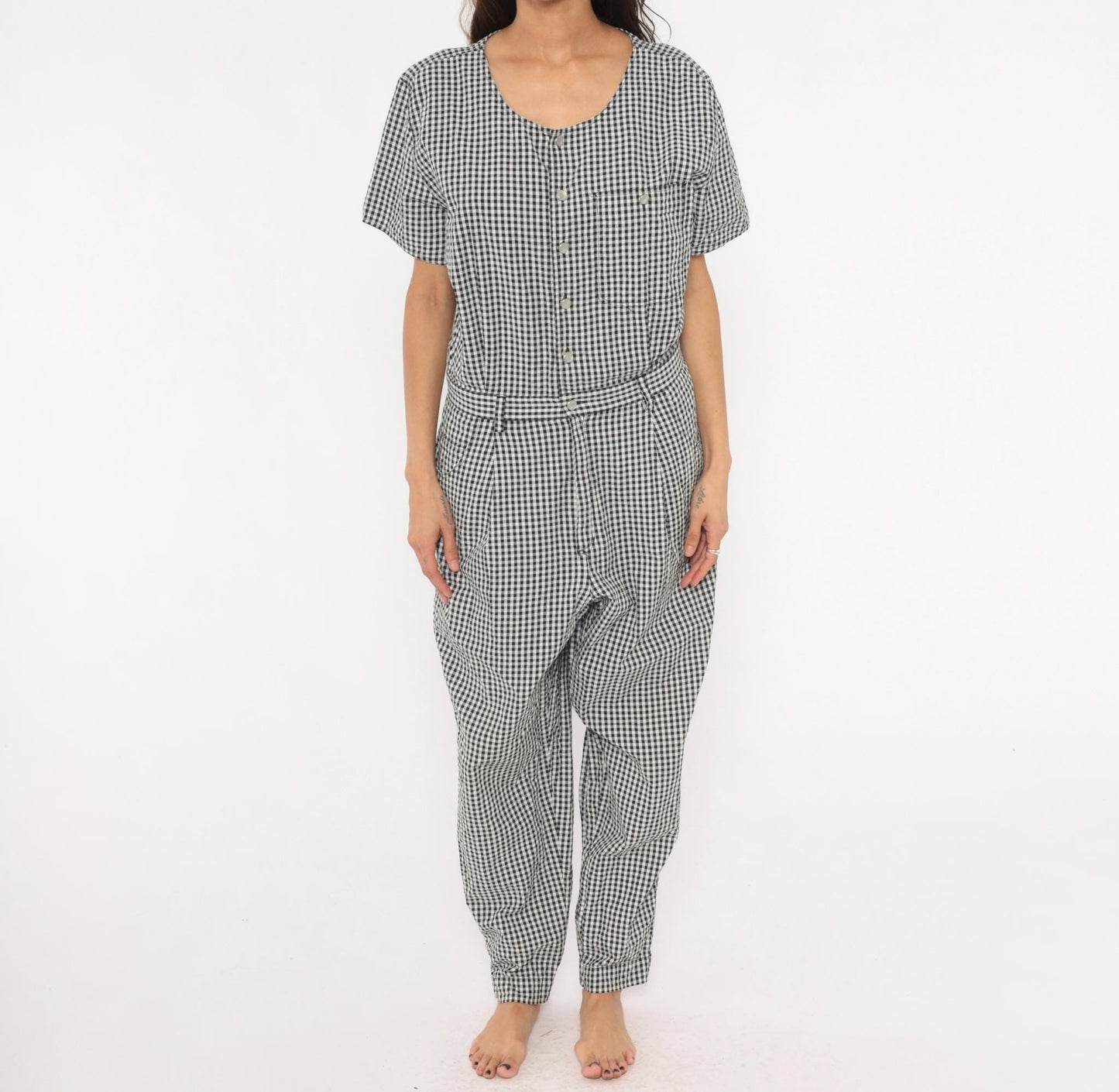 90s Lizwear Black White Gingham Cotton Jumpsuit Tapered Leg Large L