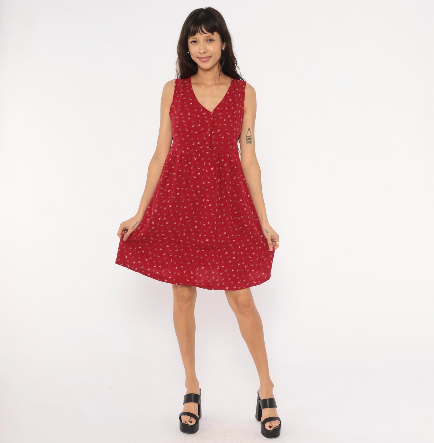 90s Motherhood Ditsy Floral Sundress Red Sleeveless Babydoll Medium M