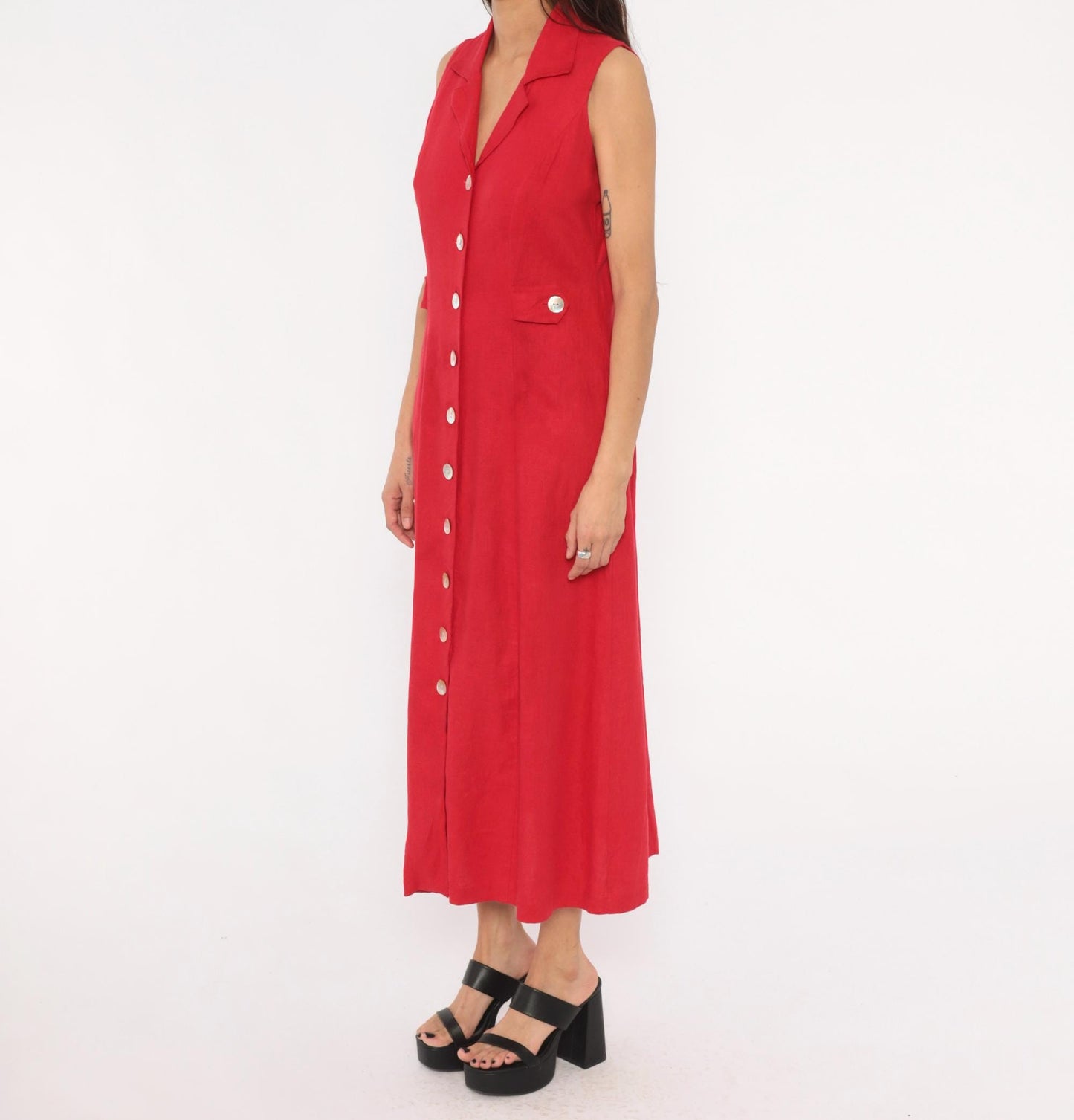 90s Ultra Dress Red Linen Button-Front Maxi Shirtdress Small S