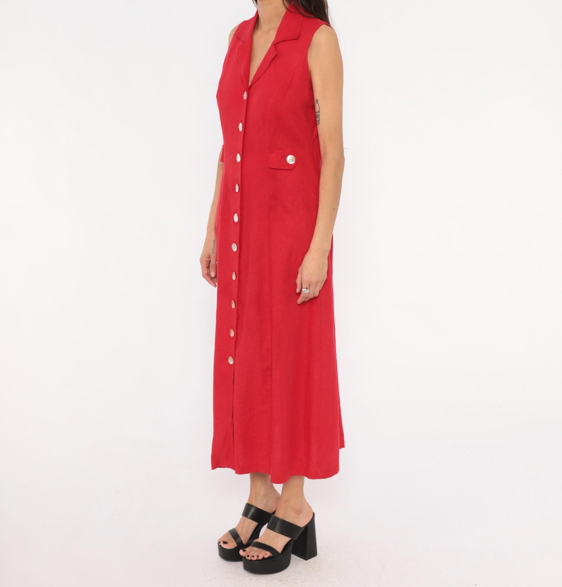 90s Ultra Dress Red Linen Button-Front Maxi Shirtdress Small S