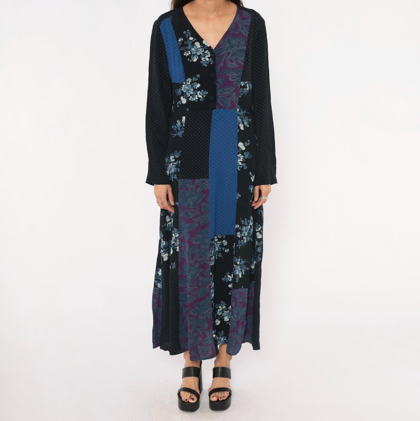 90s Carole Little Patchwork Floral Maxi Dress V Neck Button Front Medium M