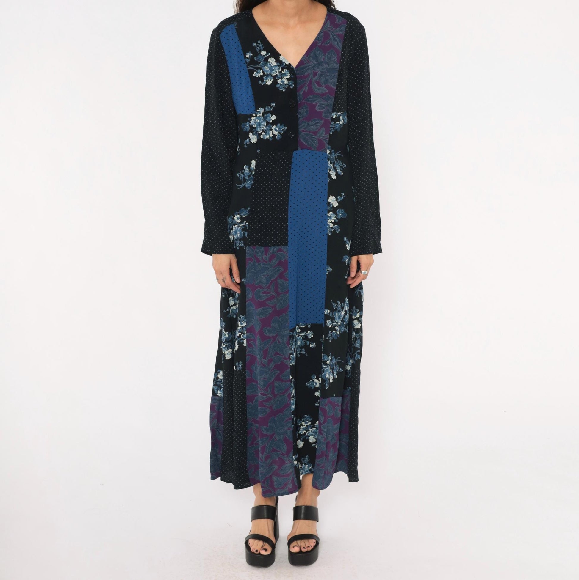 90s Carole Little Patchwork Floral Maxi Dress V Neck Button Front Medium M