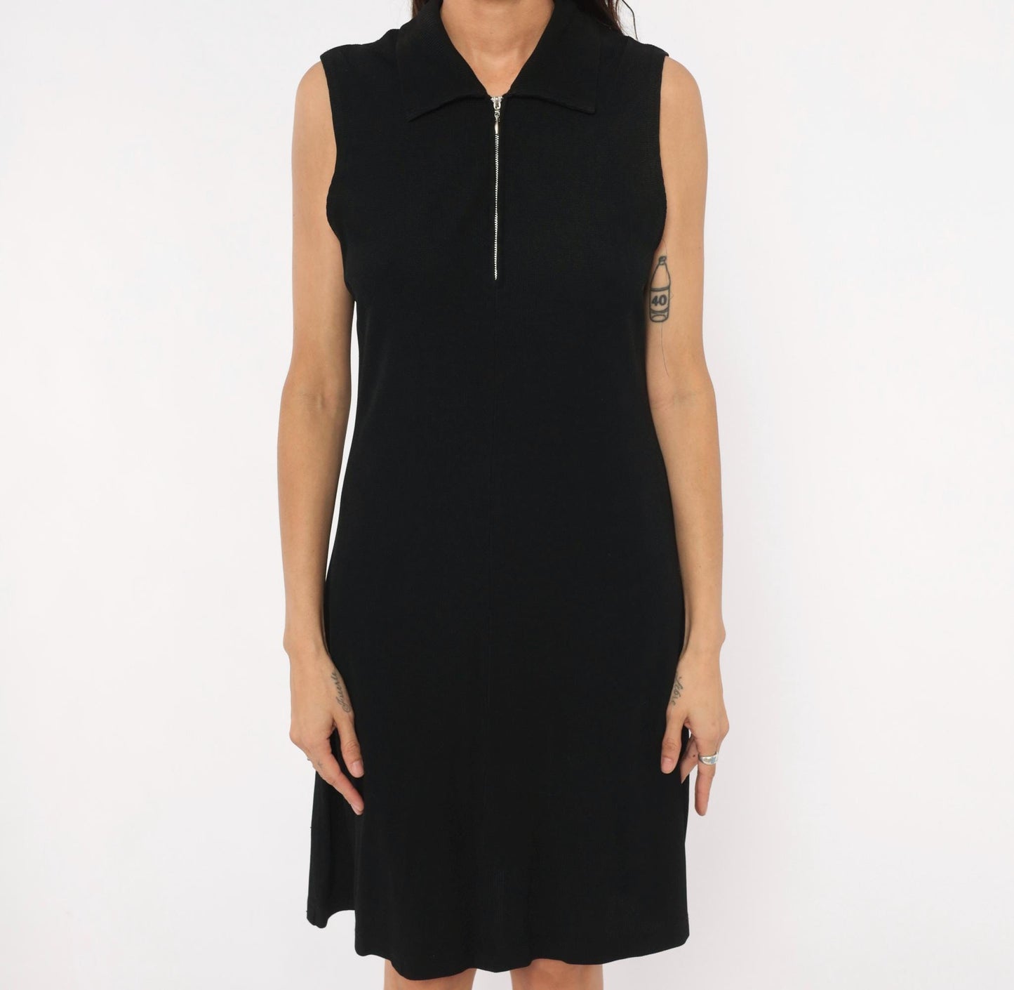 90s Ronni Nicole Black Zip Front Sleeveless Dress Knee-Length Large L