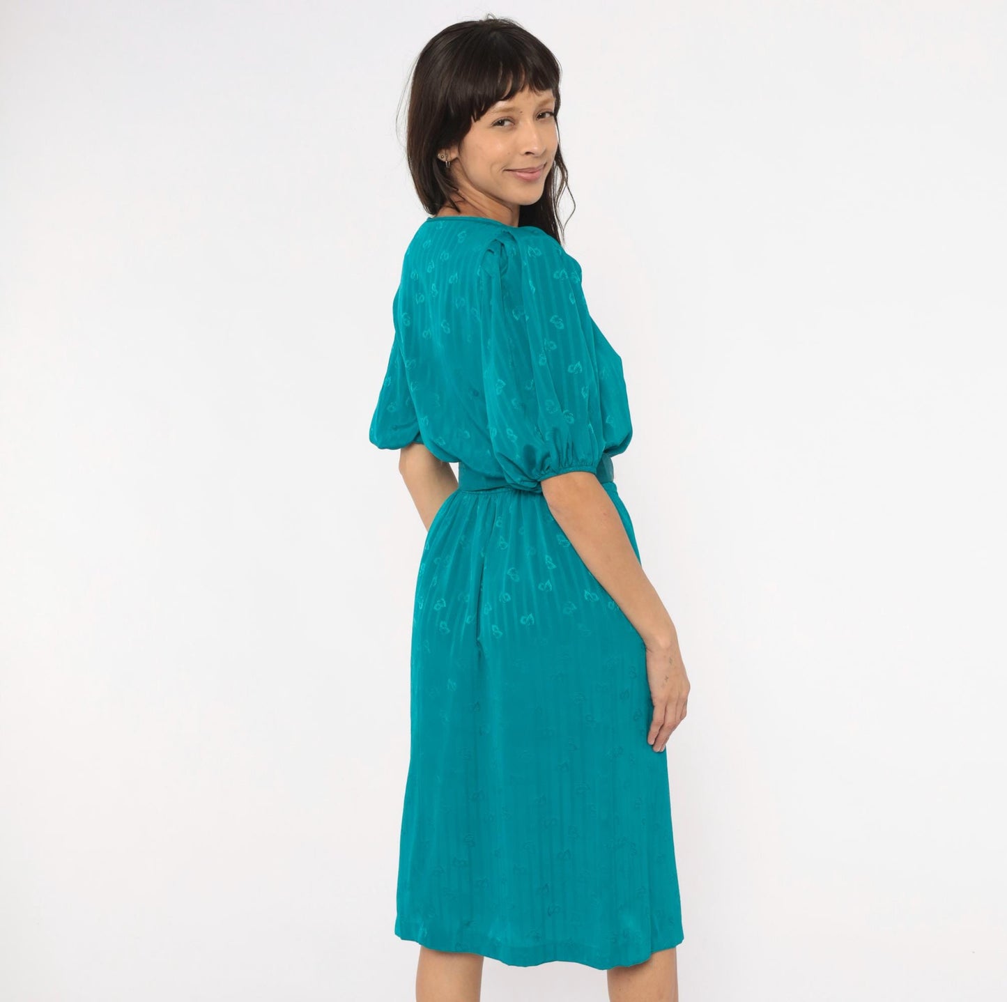80s Liz Roberts Teal Jacquard Dress Puff Sleeve Boat Neck Knee-Length Medium