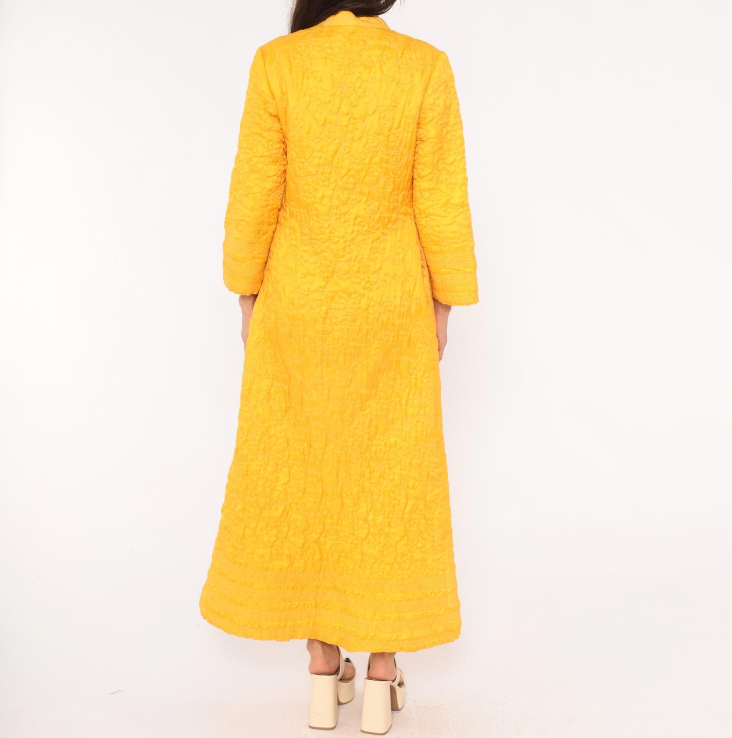 70s Golden Yellow Quilted Maxi Robe Mandarin Collar Floral Embroidered Medium