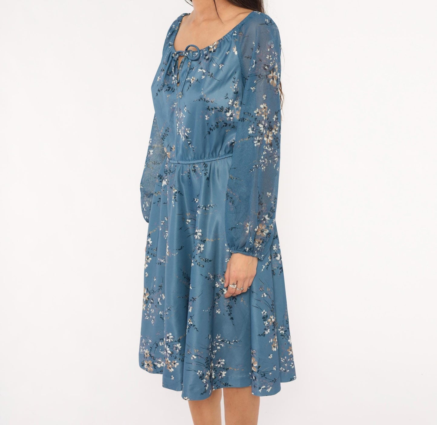 70s Steel Blue Wildflower Peasant Dress Bishop Sleeve Tie Front Knee Length Large L