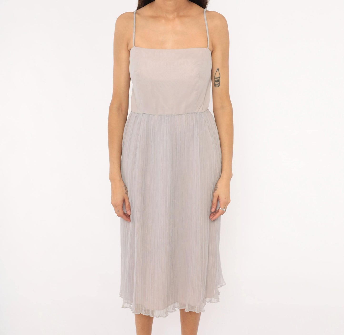 70s Lee Jordan Lavender Midi Dress Square Neck Pleated Chiffon Extra Small XS