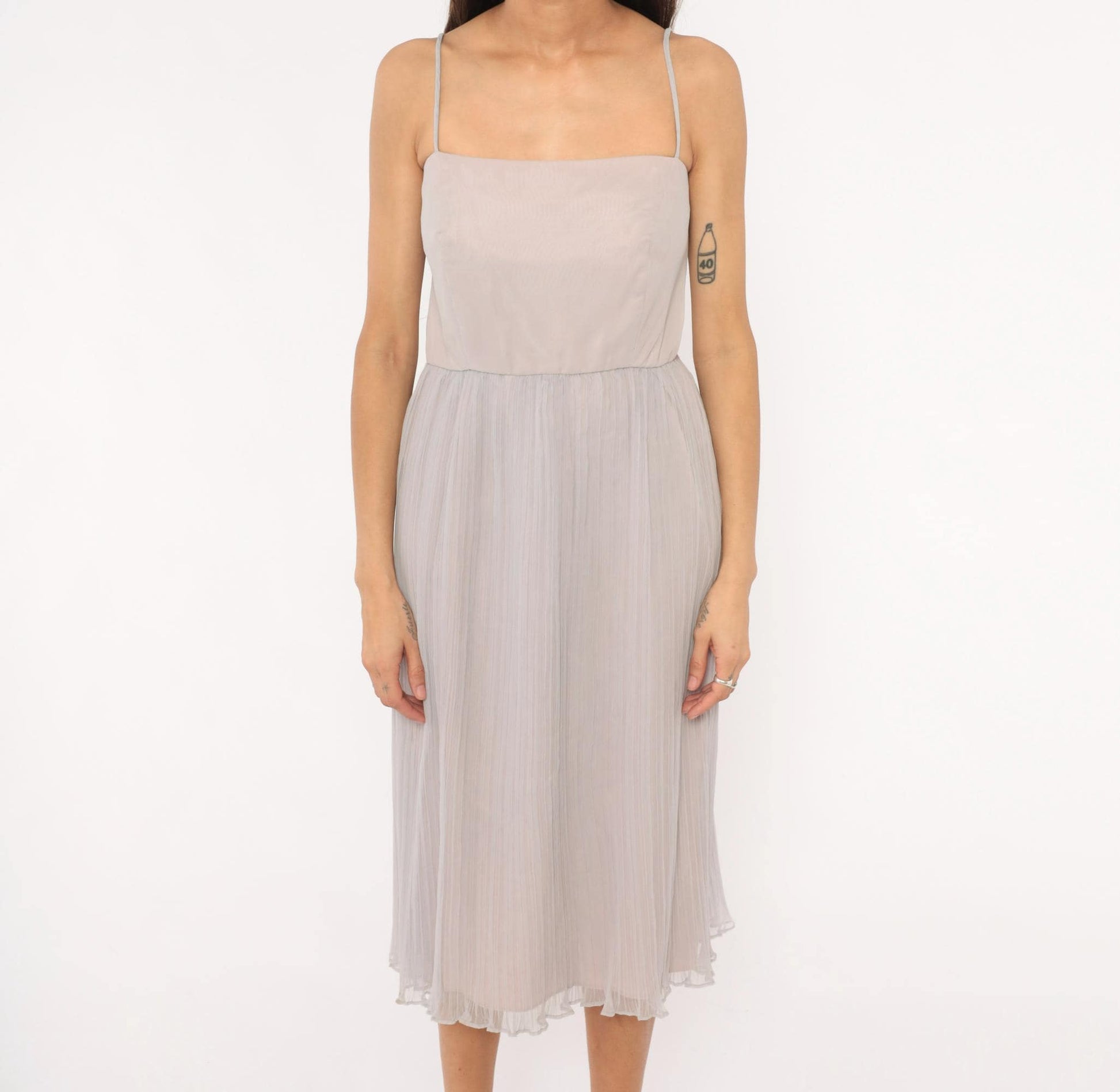 70s Lee Jordan Lavender Midi Dress Square Neck Pleated Chiffon Extra Small XS