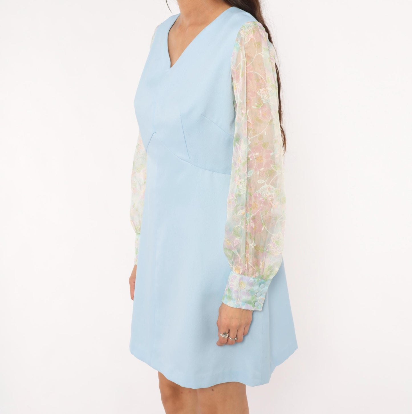 70s Sky Blue Mini Dress Sheer Floral Organza Bishop Sleeves Medium M
