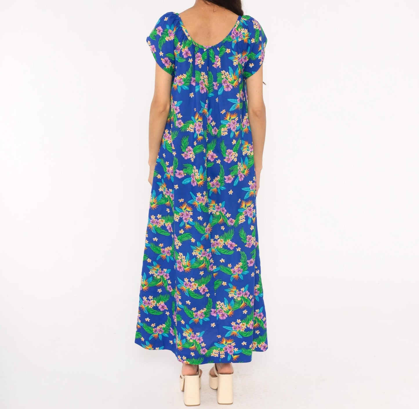 80s Hilo Hatties Hawaiian Maxi Dress Cobalt Blue Floral Palm Leaf Medium