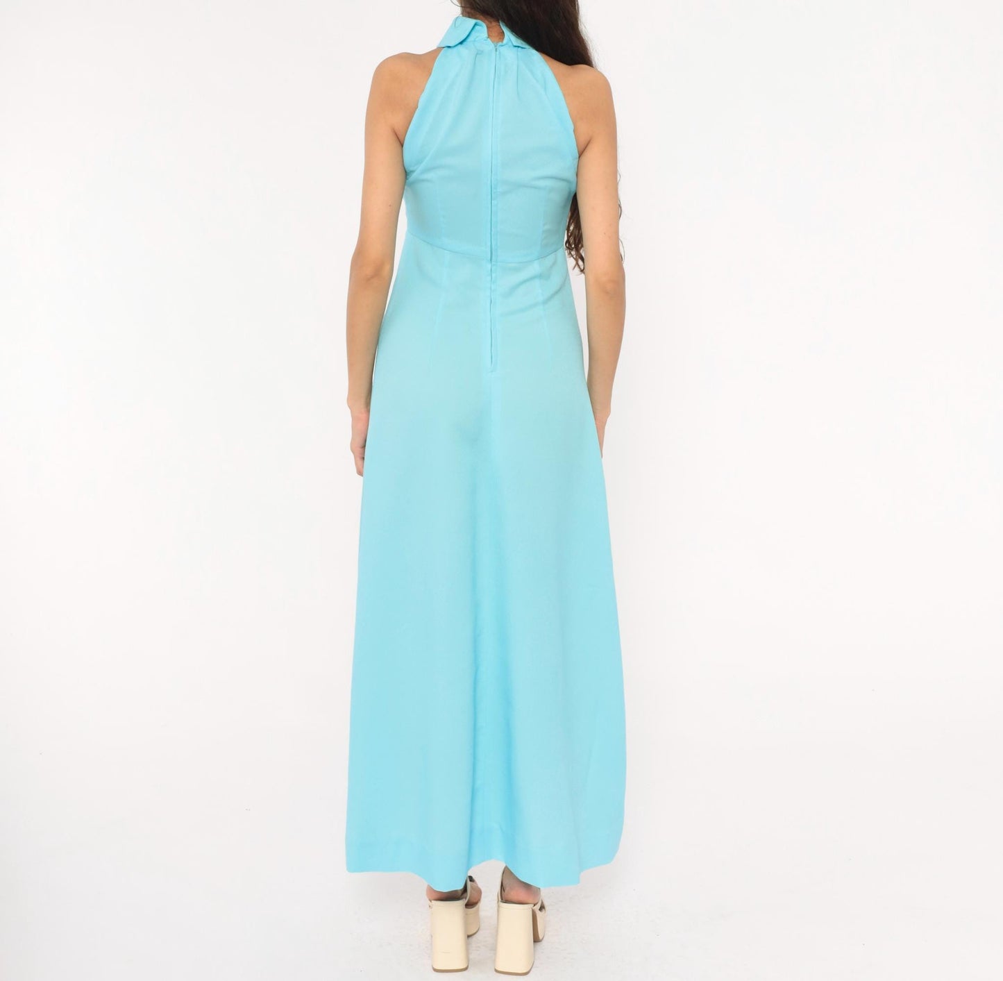 70s Sky Blue Halter Maxi Dress High Neck Sleeveless A-Line Small