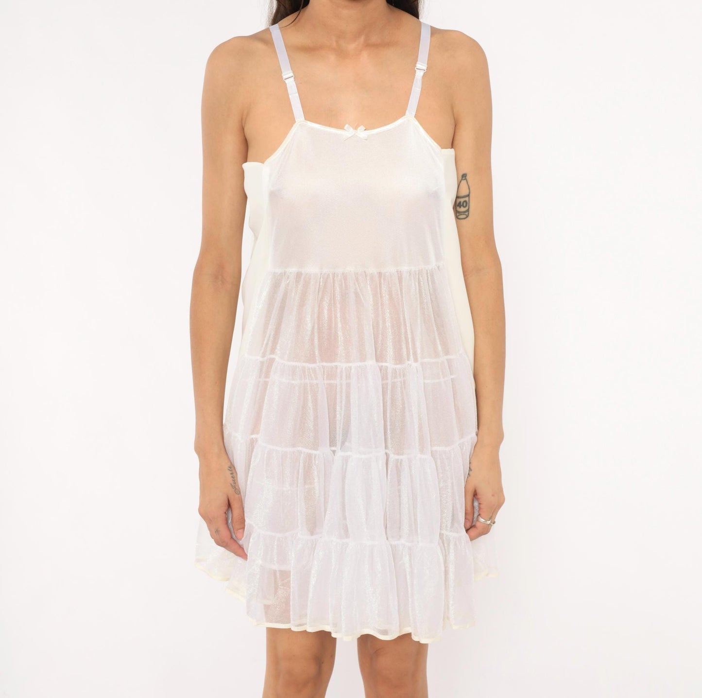 70s Storybook White Tiered Babydoll Slip Dress Mesh Overlay Cream Small