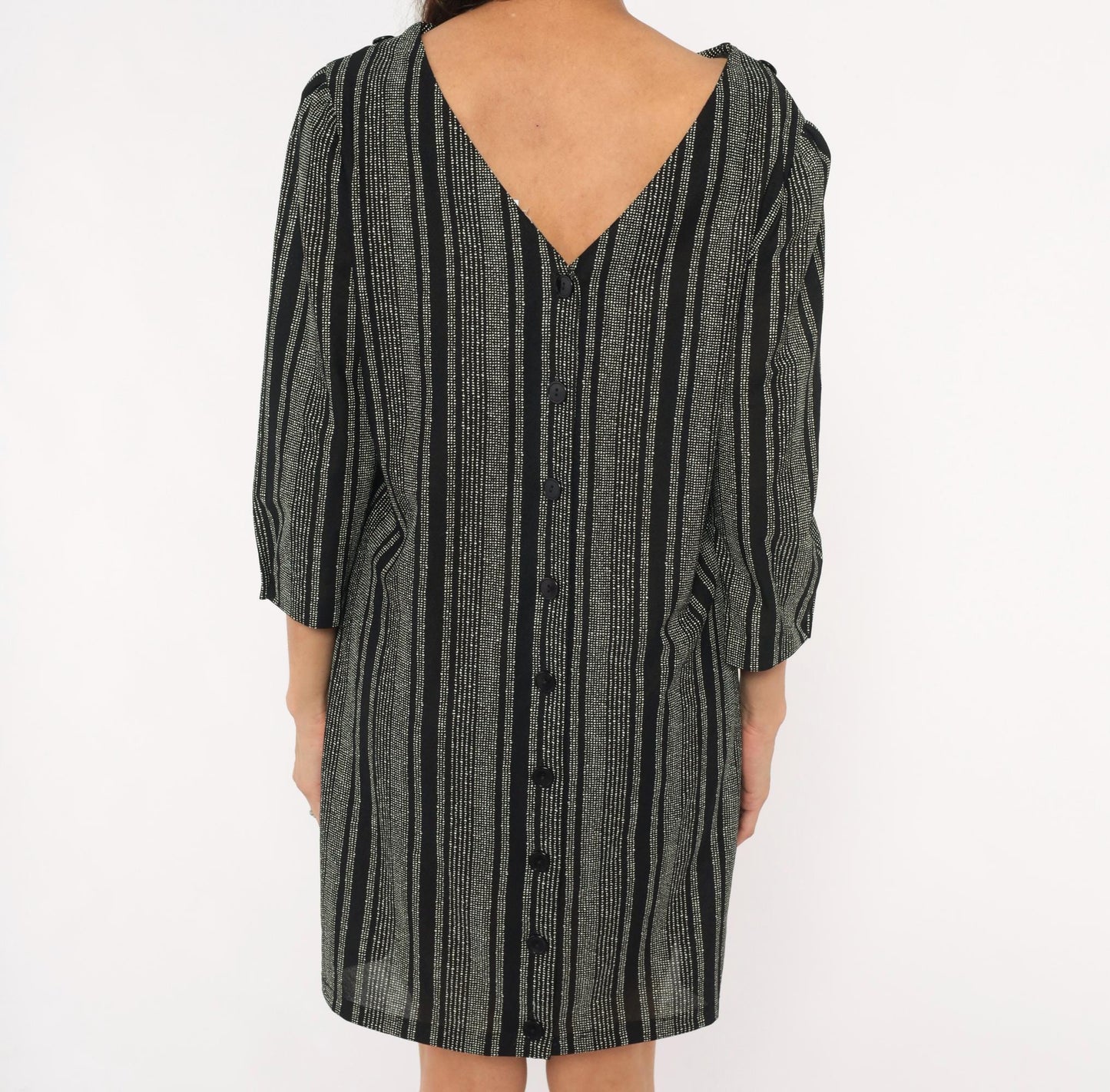 70s Zoey T Black White Striped Shift Dress Boat Neck Button Back Large
