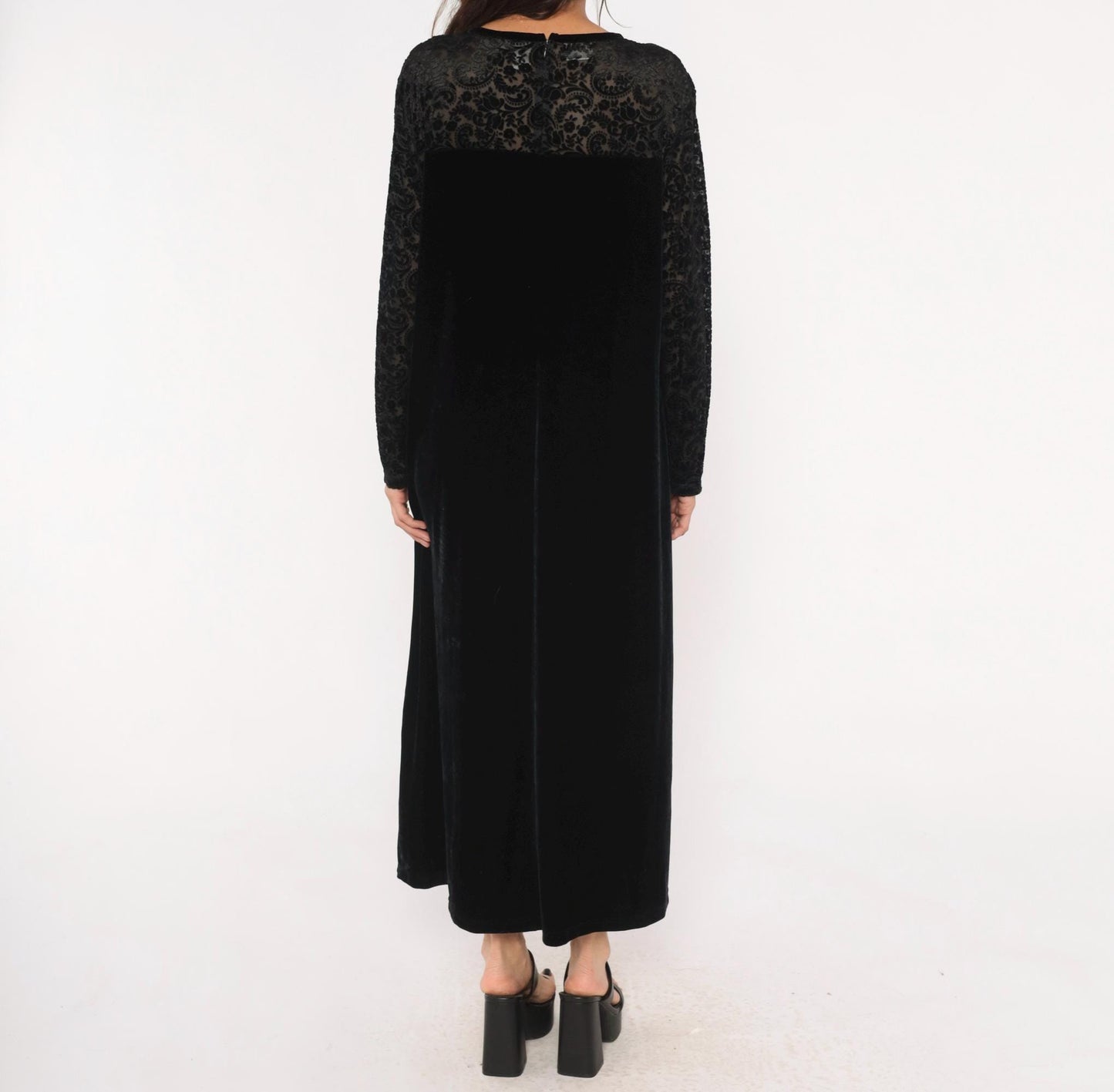90s Jacqueline Ferrar Black Velvet Maxi Dress Lace Sleeve Gothic Gown Extra Extra Large XXL