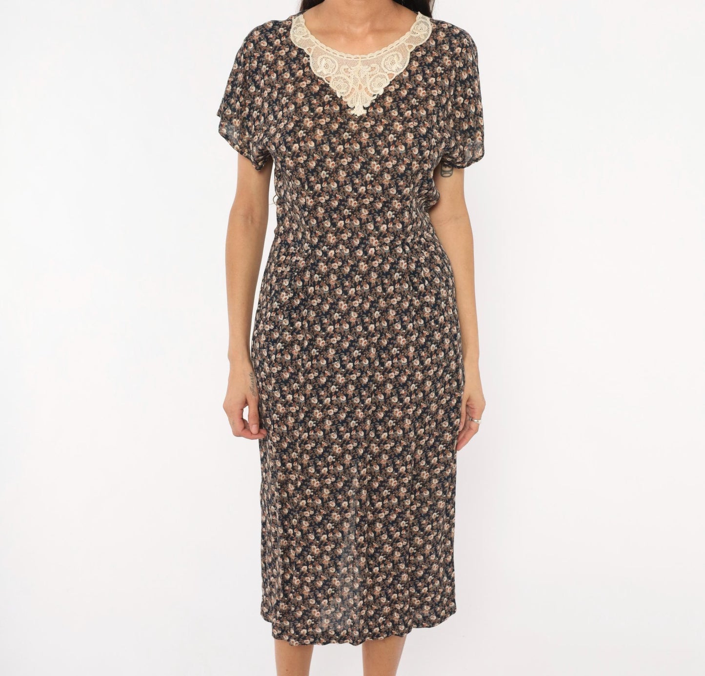 90s E.D. Michaels Navy Ditsy Floral Midi Dress Crochet Collar Small