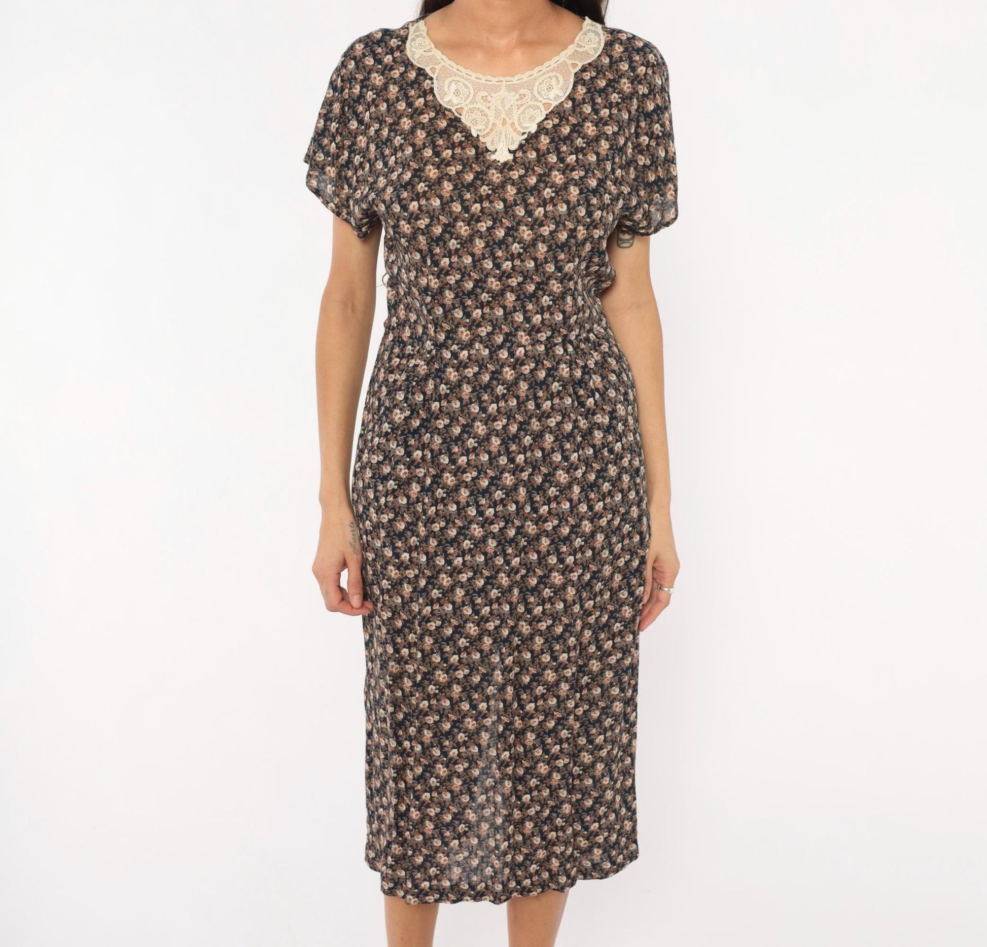 90s E.D. Michaels Navy Ditsy Floral Midi Dress Crochet Collar Small